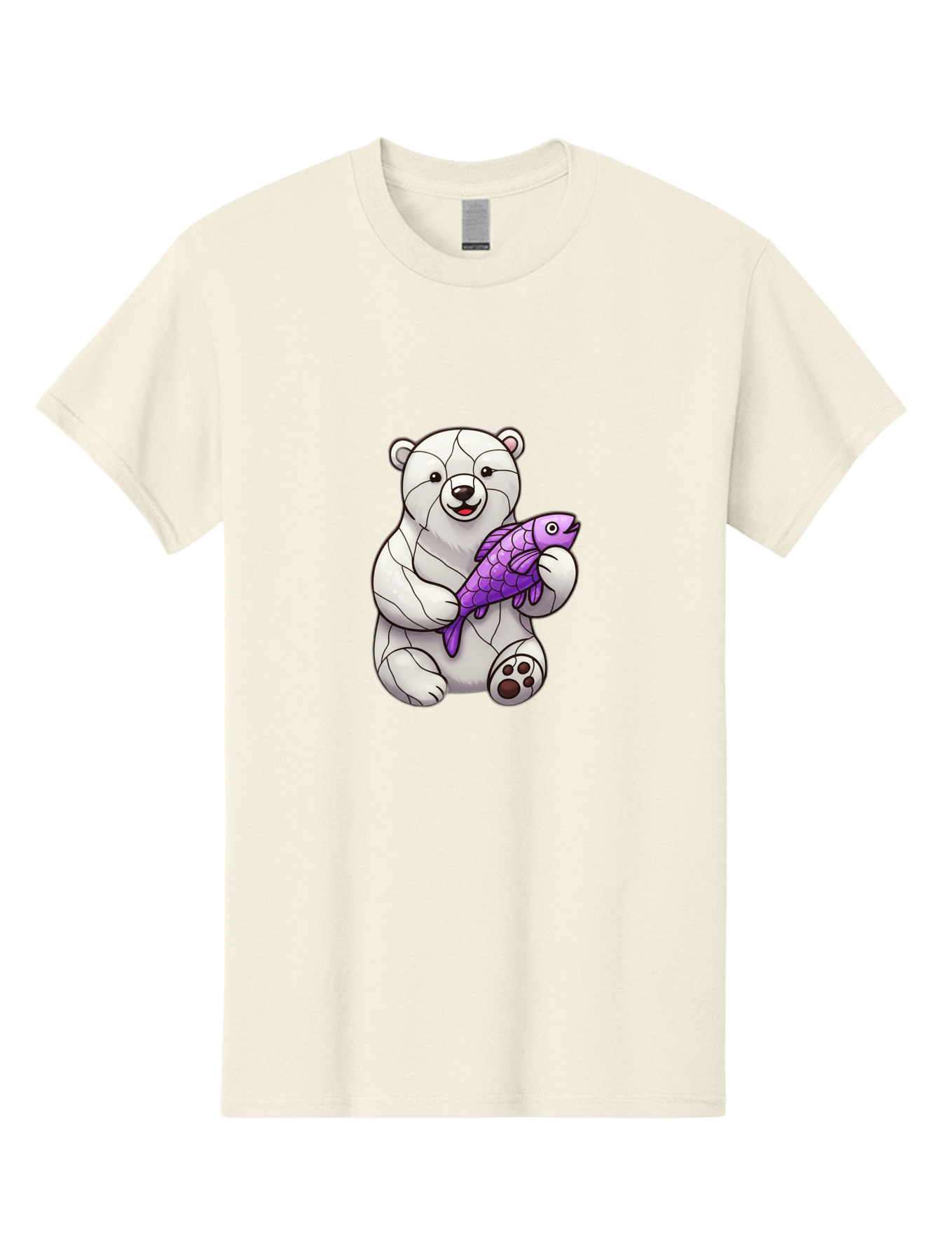 Polar-Bear-With-Purple-Fish-1 Men'S Graphic Tee, 100% Cotton, Comfortable Casual Summer Wear, Machine Washable, Cartoon Polar Bear, White Bear, Holding Purple Fish, Happy Animal, Playful Creature, Funny Illustration, Animal Graphics, Bae677 13