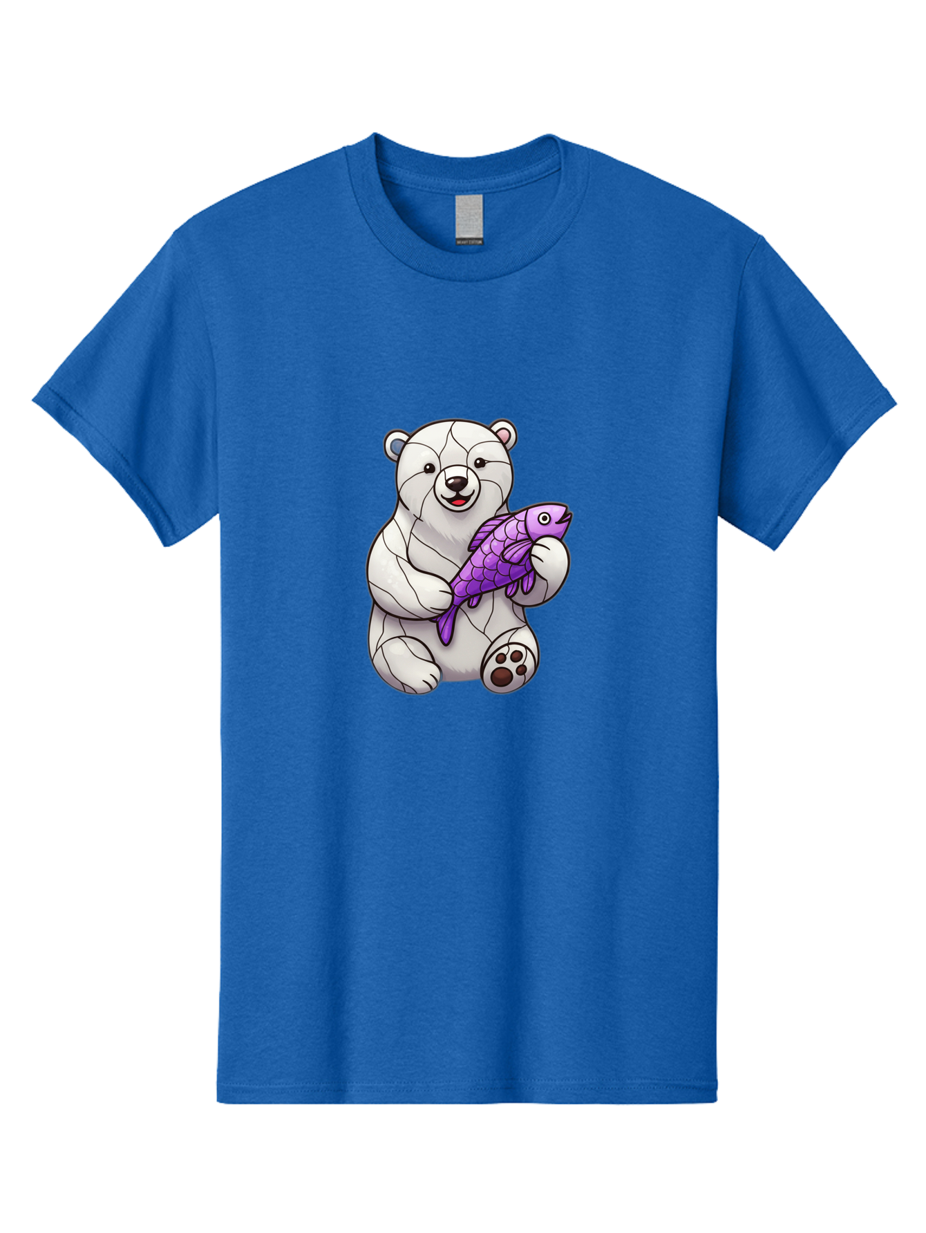 Polar-Bear-With-Purple-Fish-1 Men'S Graphic Tee, 100% Cotton, Comfortable Casual Summer Wear, Machine Washable, Cartoon Polar Bear, White Bear, Holding Purple Fish, Happy Animal, Playful Creature, Funny Illustration, Animal Graphics, Bae677 8