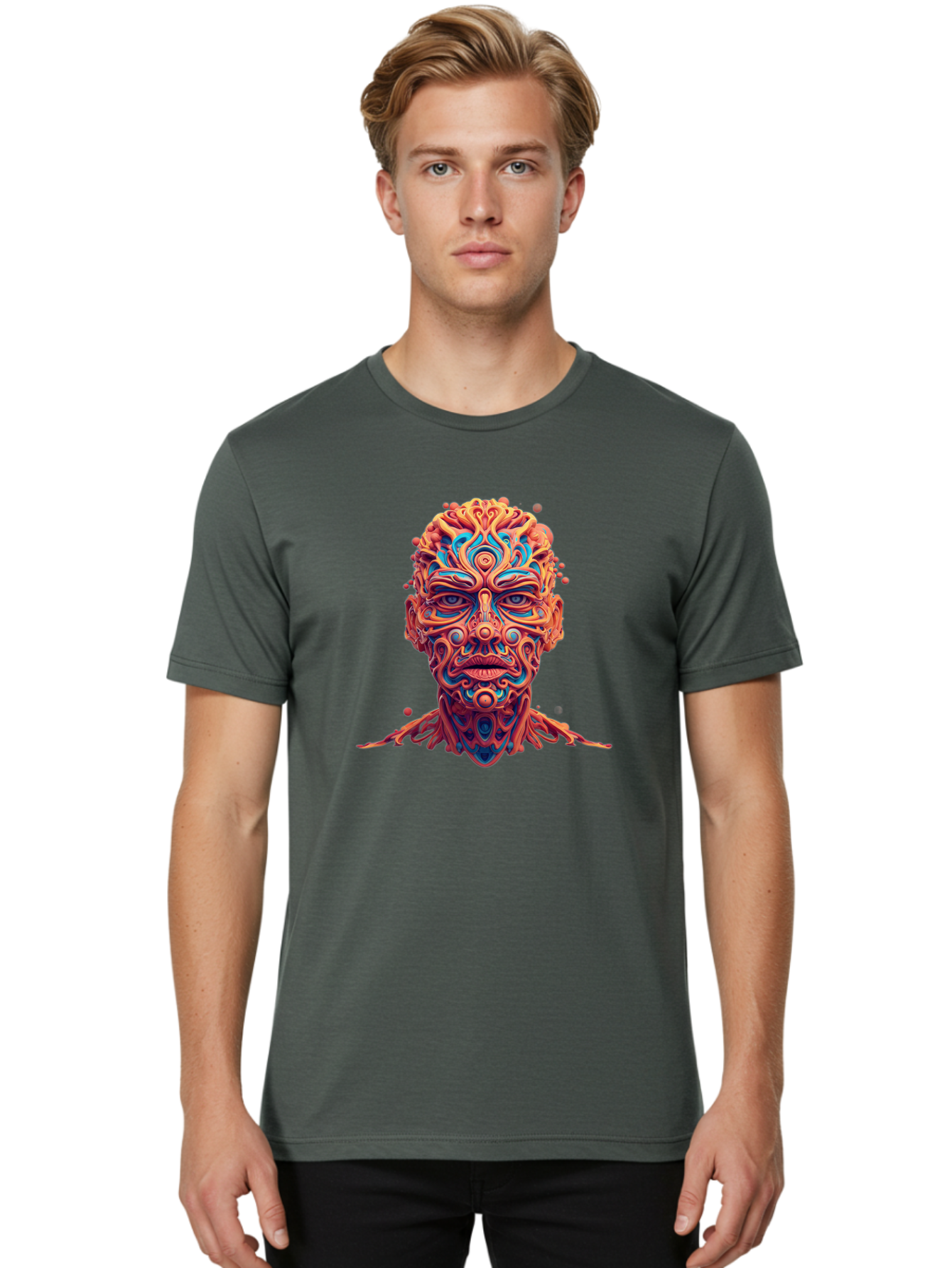 Psychedelic-Portrait Men'S Graphic Tee, 100% Cotton, Comfortable Casual Summer Wear, Machine Washable, Surreal Art, Psychedelic Patterns, Vibrant Colors, Abstract Design, Intricate Details, Futuristic Style, Vivid Imagery, Digital Art, Bae693 22