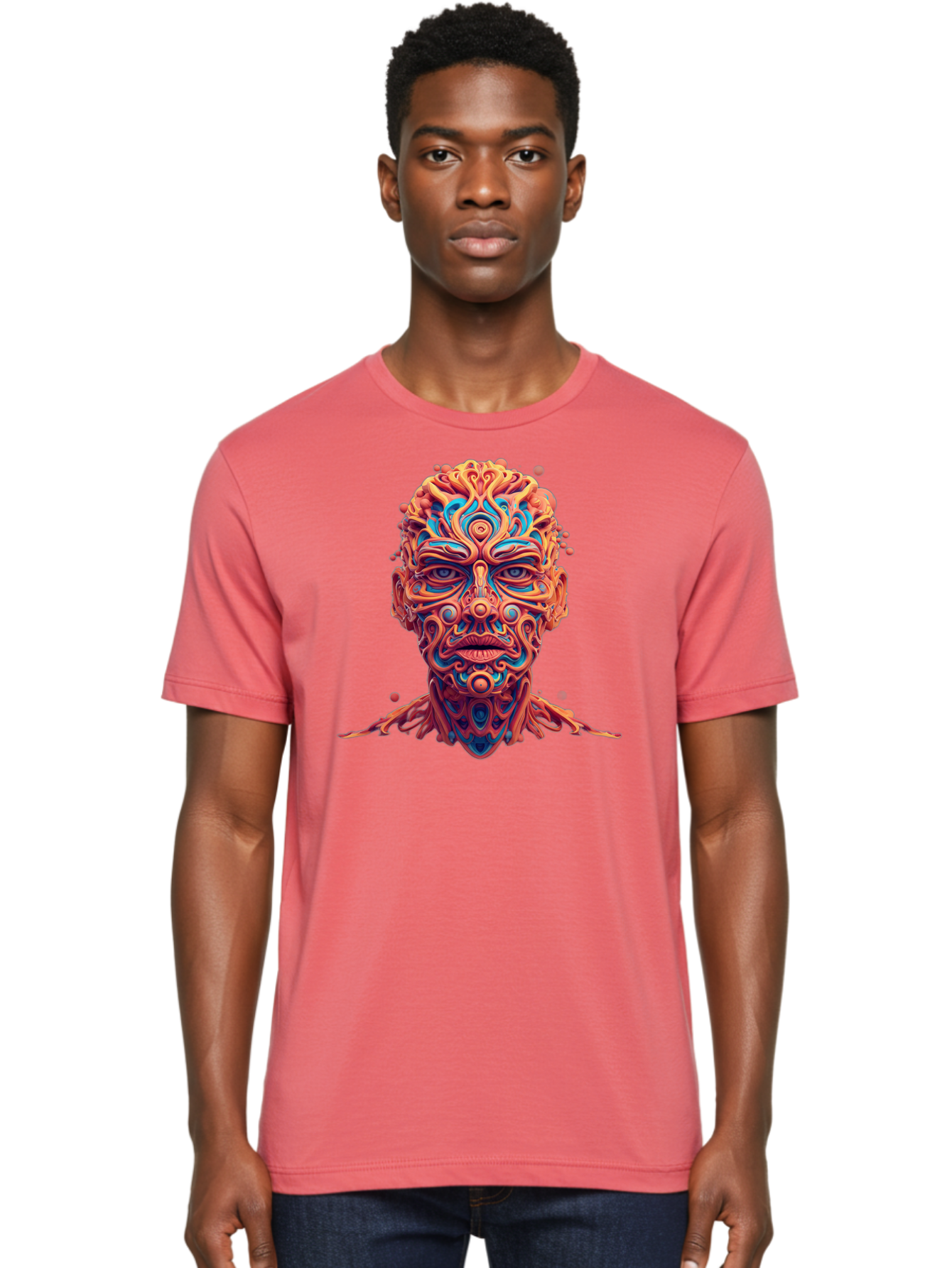 Psychedelic-Portrait Men'S Graphic Tee, 100% Cotton, Comfortable Casual Summer Wear, Machine Washable, Surreal Art, Psychedelic Patterns, Vibrant Colors, Abstract Design, Intricate Details, Futuristic Style, Vivid Imagery, Digital Art, Bae693 29
