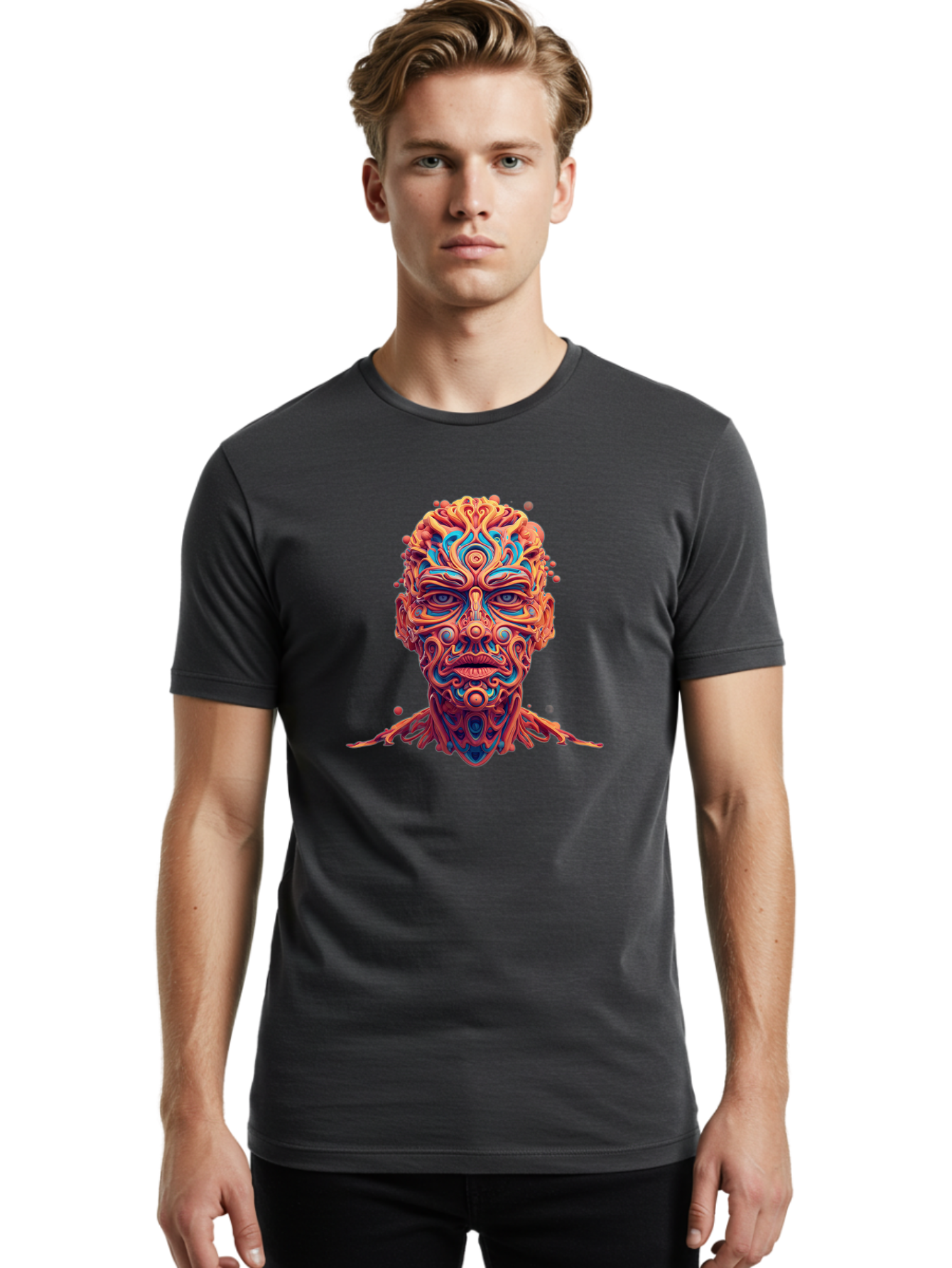 Psychedelic-Portrait Men'S Graphic Tee, 100% Cotton, Comfortable Casual Summer Wear, Machine Washable, Surreal Art, Psychedelic Patterns, Vibrant Colors, Abstract Design, Intricate Details, Futuristic Style, Vivid Imagery, Digital Art, Bae693 27