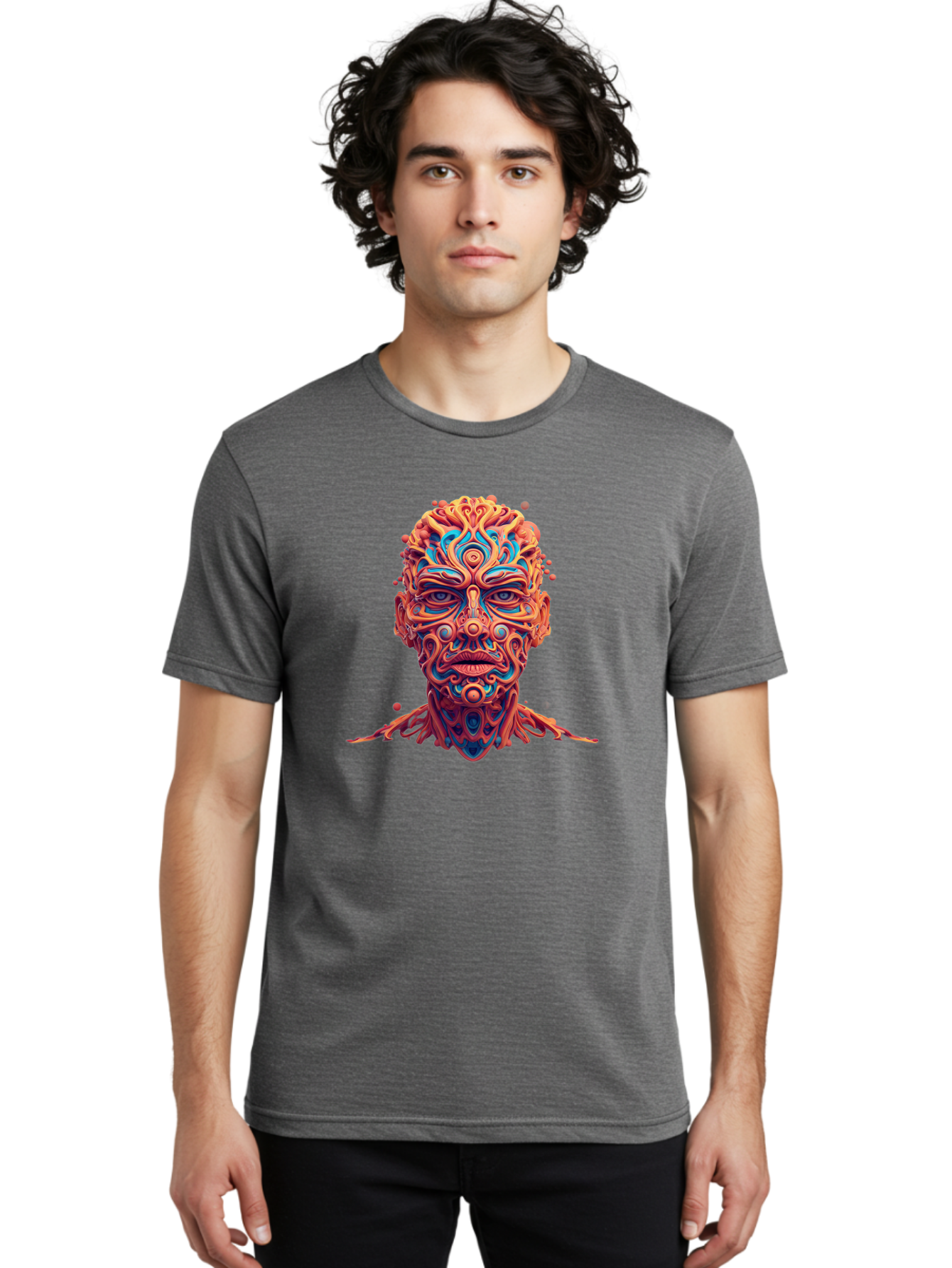 Psychedelic-Portrait Men'S Graphic Tee, 100% Cotton, Comfortable Casual Summer Wear, Machine Washable, Surreal Art, Psychedelic Patterns, Vibrant Colors, Abstract Design, Intricate Details, Futuristic Style, Vivid Imagery, Digital Art, Bae693 25