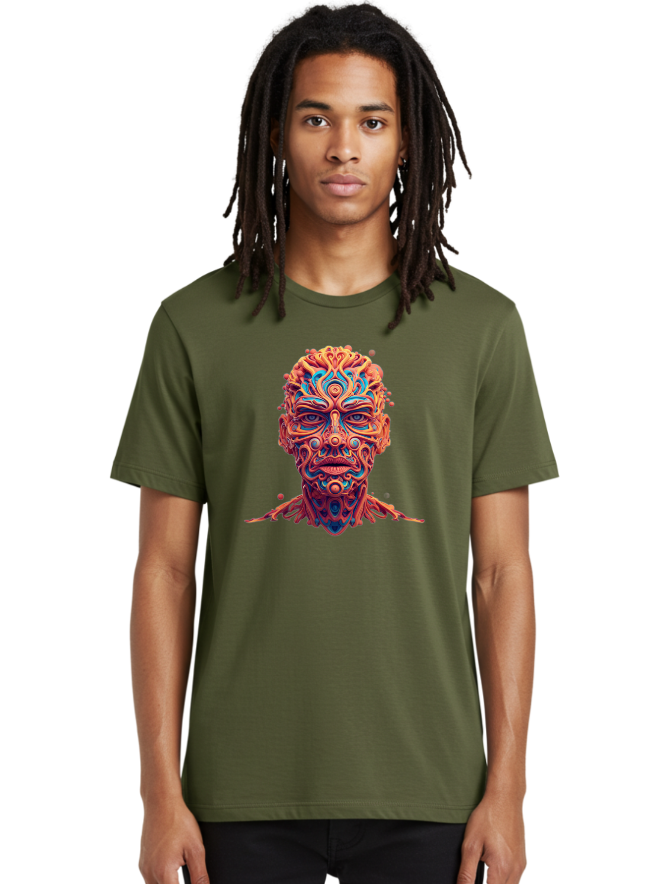 Psychedelic-Portrait Men'S Graphic Tee, 100% Cotton, Comfortable Casual Summer Wear, Machine Washable, Surreal Art, Psychedelic Patterns, Vibrant Colors, Abstract Design, Intricate Details, Futuristic Style, Vivid Imagery, Digital Art, Bae693 30