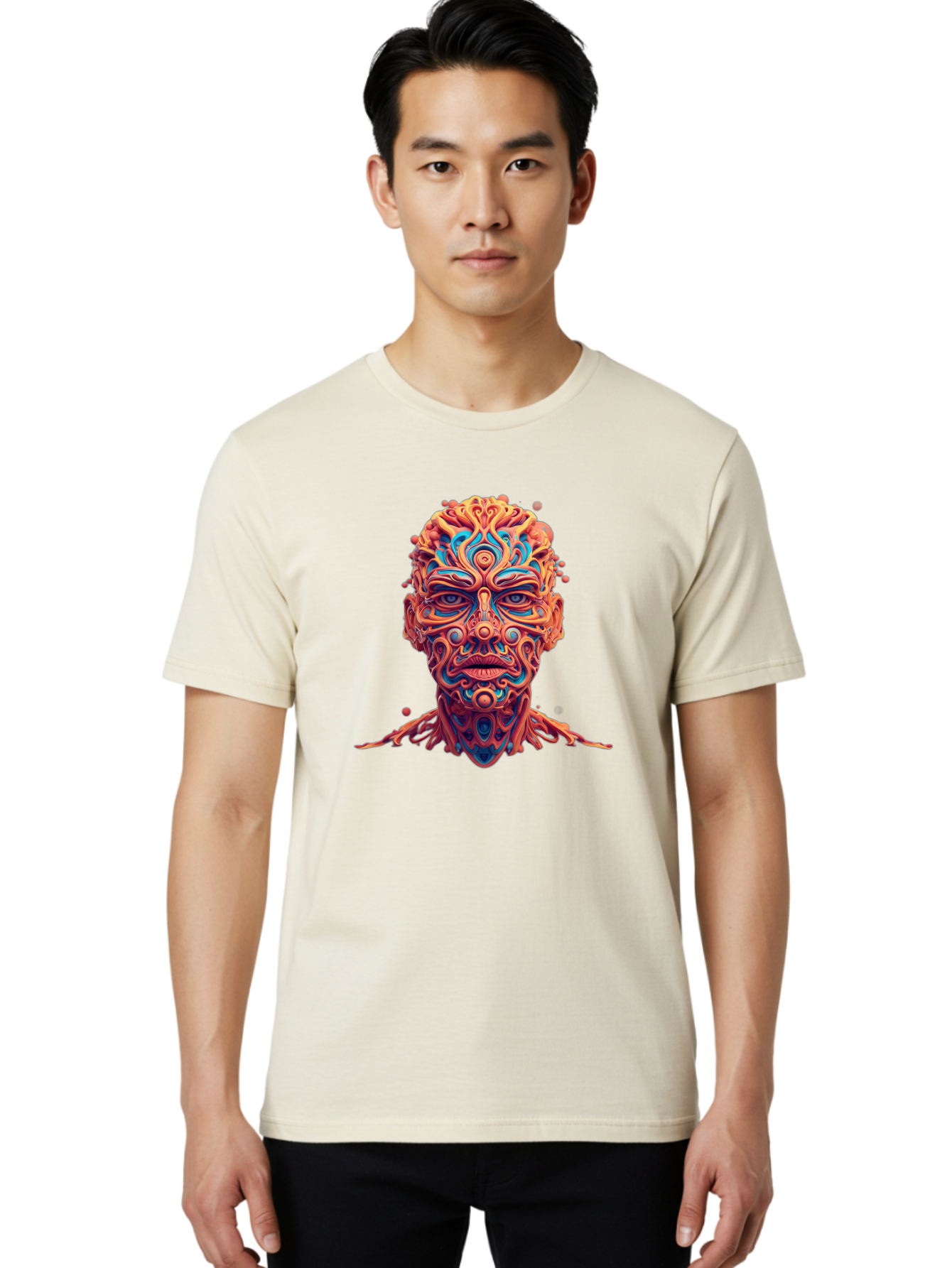 Psychedelic-Portrait Men'S Graphic Tee, 100% Cotton, Comfortable Casual Summer Wear, Machine Washable, Surreal Art, Psychedelic Patterns, Vibrant Colors, Abstract Design, Intricate Details, Futuristic Style, Vivid Imagery, Digital Art, Bae693 18