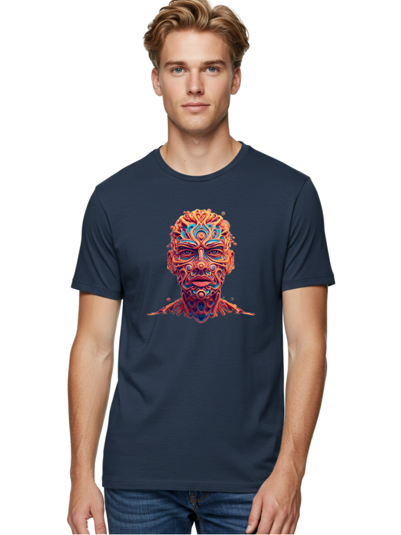 Psychedelic-Portrait Men'S Graphic Tee, 100% Cotton, Comfortable Casual Summer Wear, Machine Washable, Surreal Art, Psychedelic Patterns, Vibrant Colors, Abstract Design, Intricate Details, Futuristic Style, Vivid Imagery, Digital Art, Bae693 17