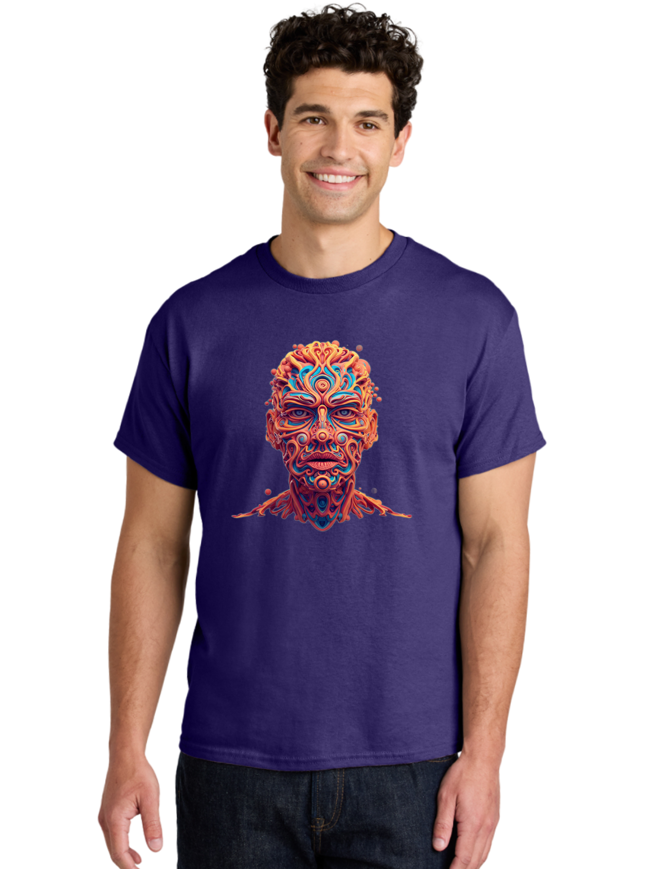 Psychedelic-Portrait Men'S Graphic Tee, 100% Cotton, Comfortable Casual Summer Wear, Machine Washable, Surreal Art, Psychedelic Patterns, Vibrant Colors, Abstract Design, Intricate Details, Futuristic Style, Vivid Imagery, Digital Art, Bae693 28