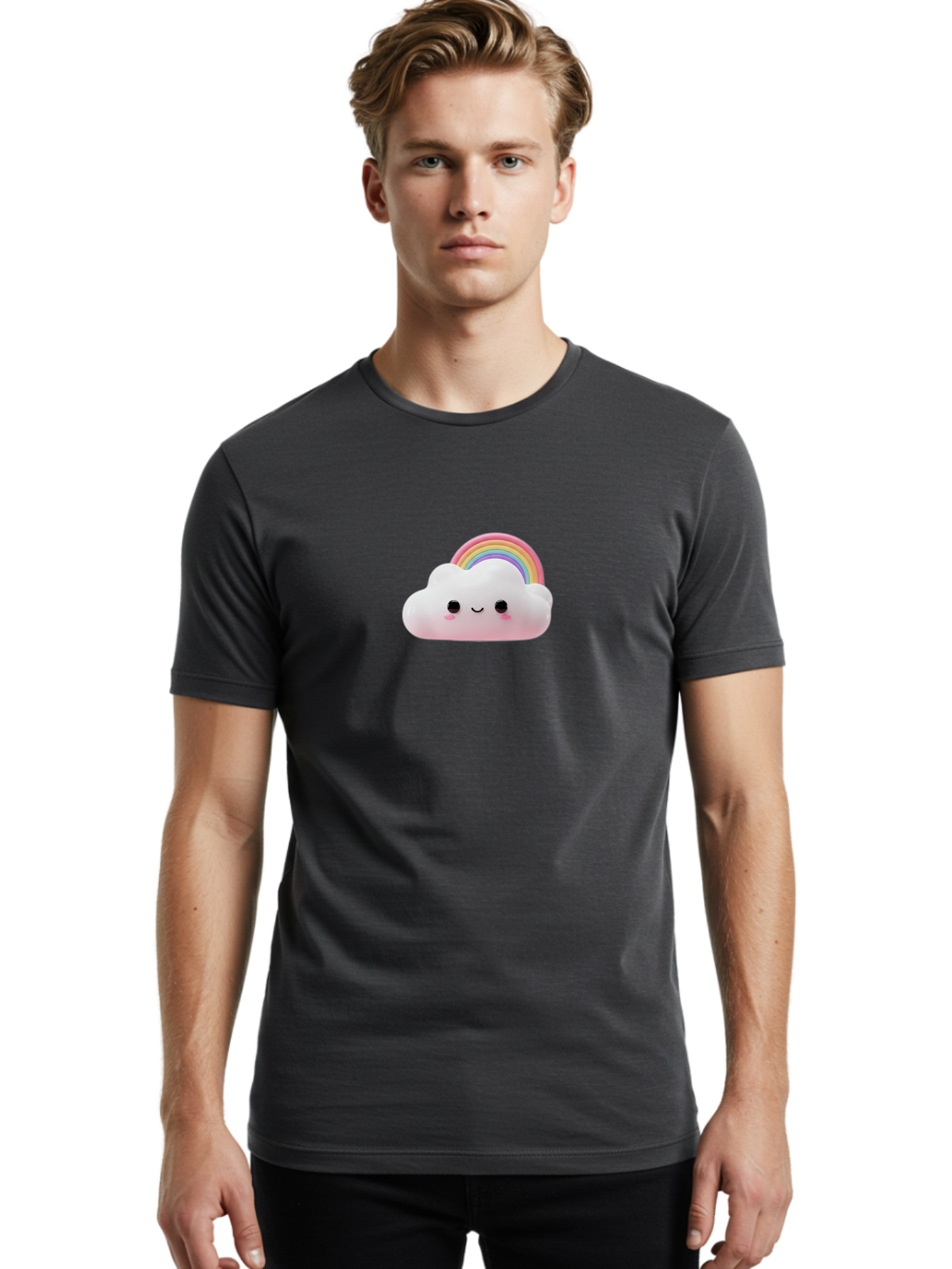 Rainbow-Cloud Men'S Graphic Tee, 100% Cotton, Comfortable Casual Summer Wear, Machine Washable, Cartoon Cloud, Smiling Face, Rainbow, Cute Character, Fluffy Cloud, Pastel Colors, Cheerful Design, Kawaii Art, Whimsical Graphics Bae697 30