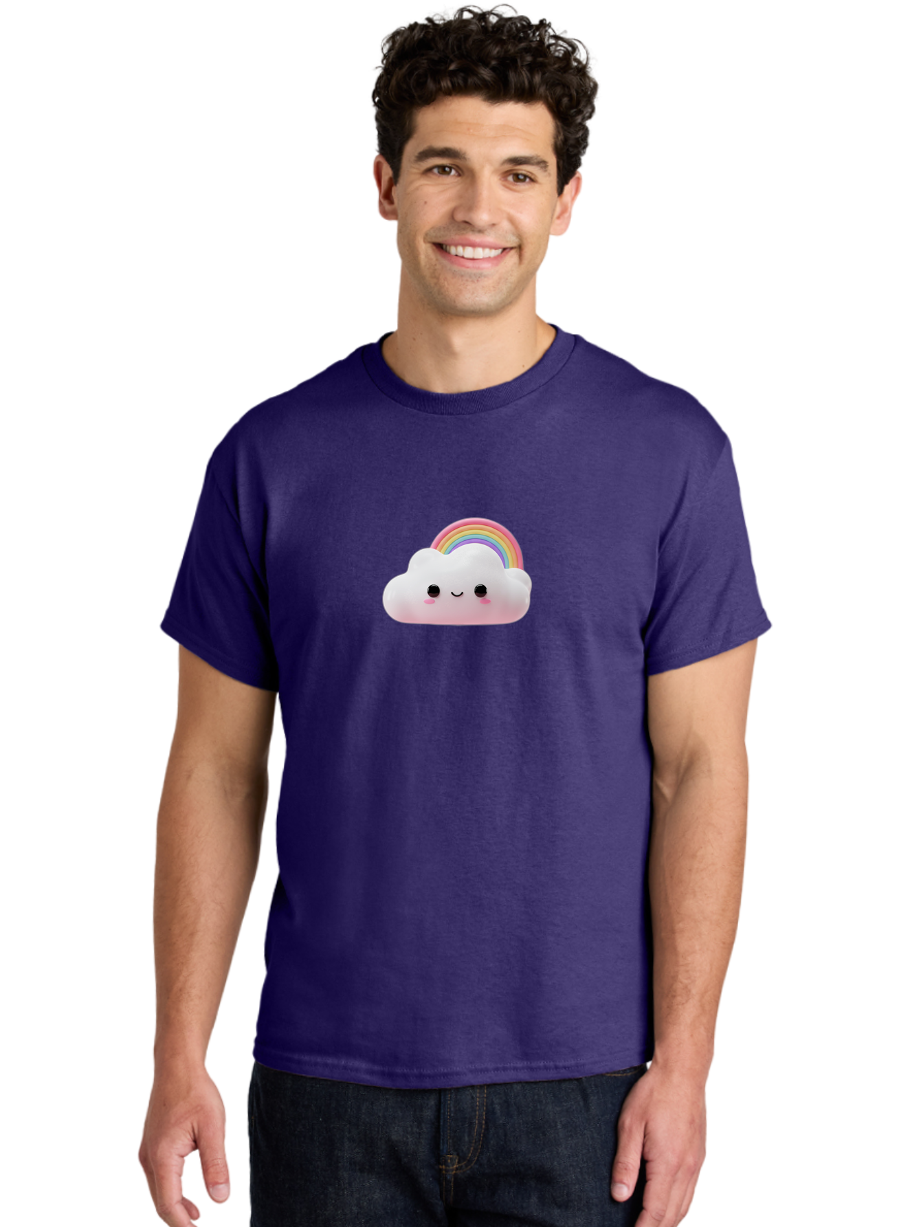 Rainbow-Cloud Men'S Graphic Tee, 100% Cotton, Comfortable Casual Summer Wear, Machine Washable, Cartoon Cloud, Smiling Face, Rainbow, Cute Character, Fluffy Cloud, Pastel Colors, Cheerful Design, Kawaii Art, Whimsical Graphics Bae697 17