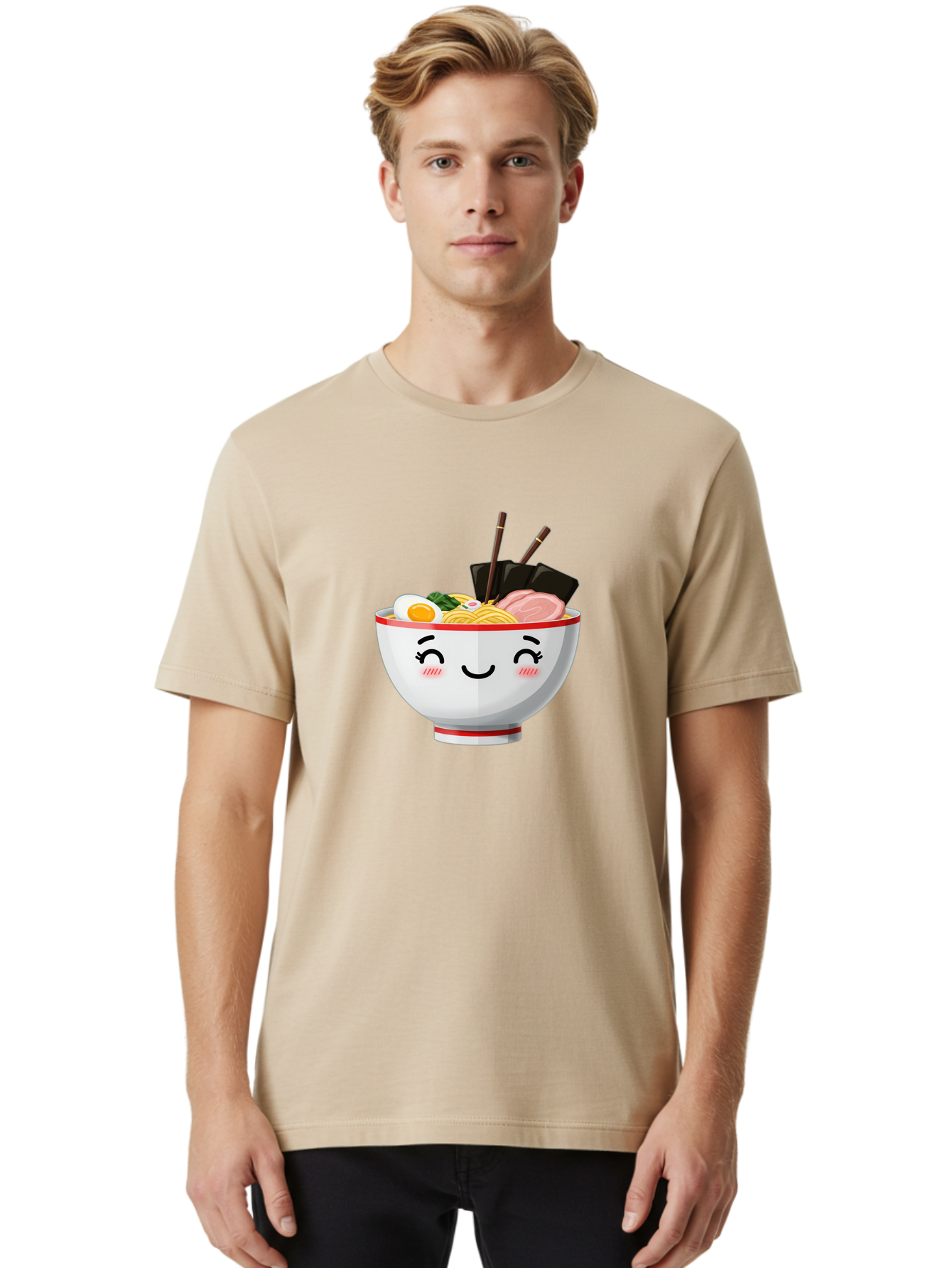 Ramen-1 Men'S Graphic Tee, 100% Cotton, Comfortable Casual Summer Wear, Machine Washable, Steaming Bowl Of Ramen, Savory Noodles, Boiled Egg, Sliced Pork, Seaweed, Chopsticks, Cute Cartoon Character, Japanese Cuisine, Food Illustration, Bae698 25