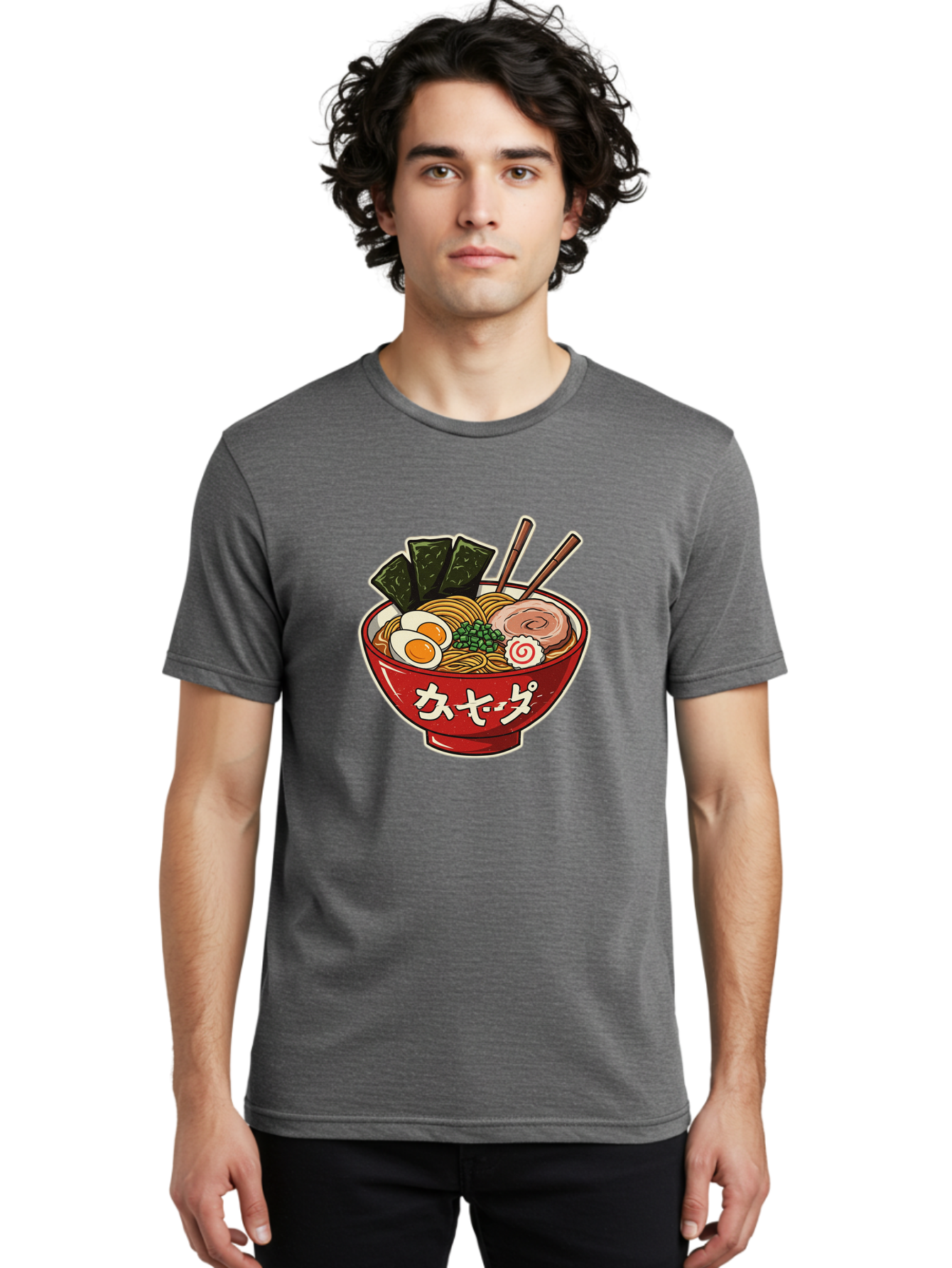 Ramen-4 Men'S Graphic Tee, 100% Cotton, Comfortable Casual Summer Wear, Machine Washable, Japanese Ramen, Noodle Soup, Boiled Egg, Green Peas, Seaweed, Sliced Pork, Chopsticks, Japanese Cuisine, Red Bowl, Katakana Script Bae701 22