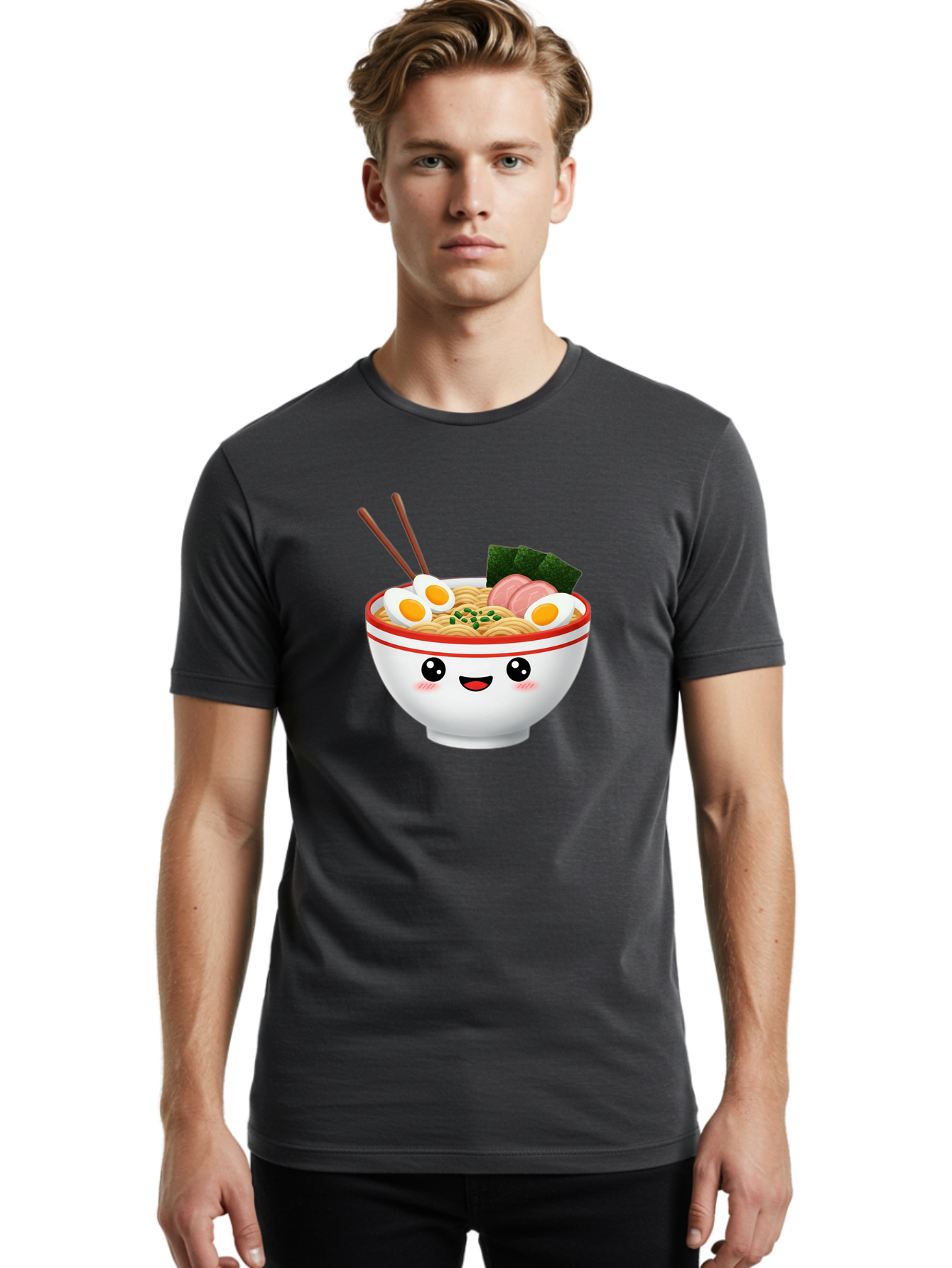 Ramen-Bowl-1 Men'S Graphic Tee, 100% Cotton, Comfortable Casual Summer Wear, Machine Washable, Cartoon Ramen Bowl, Steaming Hot Ramen, Boiled Egg, Sliced Ham, Seaweed, Chopsticks, Kawaii Food, Japanese Cuisine, Noodle Soup, Anime Style, Bae706 18