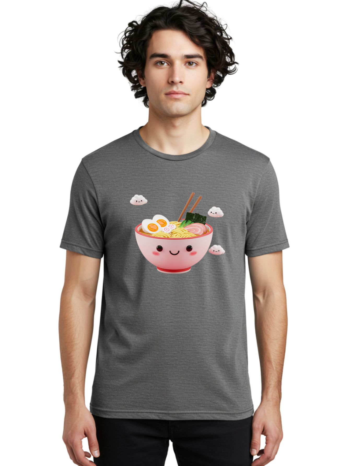 Ramen-Bowl-3 Men'S Graphic Tee, 100% Cotton, Comfortable Casual Summer Wear, Machine Washable, Steaming Hot Ramen, Kawaii Bowl, Cartoon Noodle Soup, Smiling Bowl, Boiled Egg, Sliced Pork, Seaweed, Chopsticks, Fish Cakes, Playful, Bae708 21