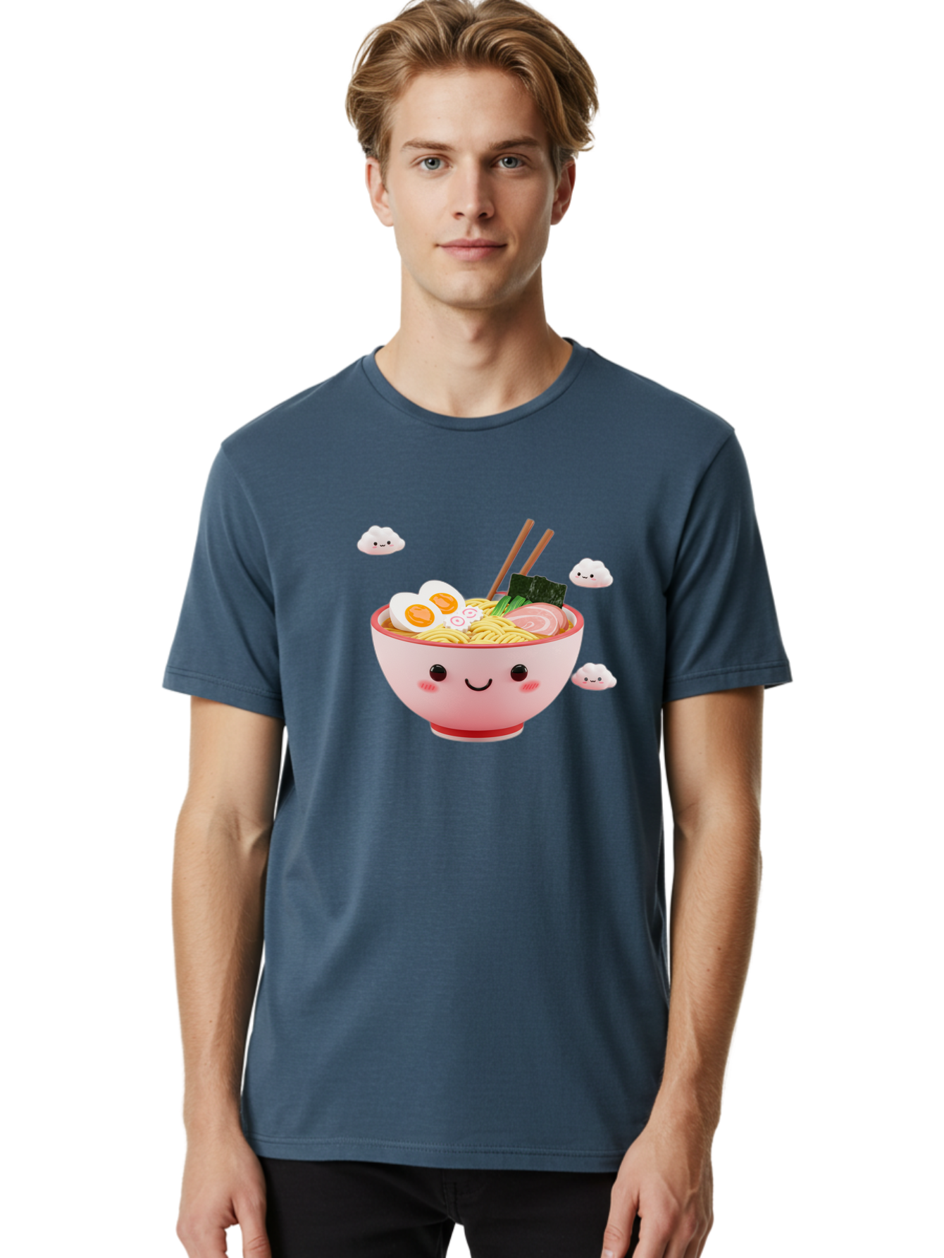 Ramen-Bowl-3 Men'S Graphic Tee, 100% Cotton, Comfortable Casual Summer Wear, Machine Washable, Steaming Hot Ramen, Kawaii Bowl, Cartoon Noodle Soup, Smiling Bowl, Boiled Egg, Sliced Pork, Seaweed, Chopsticks, Fish Cakes, Playful, Bae708 30