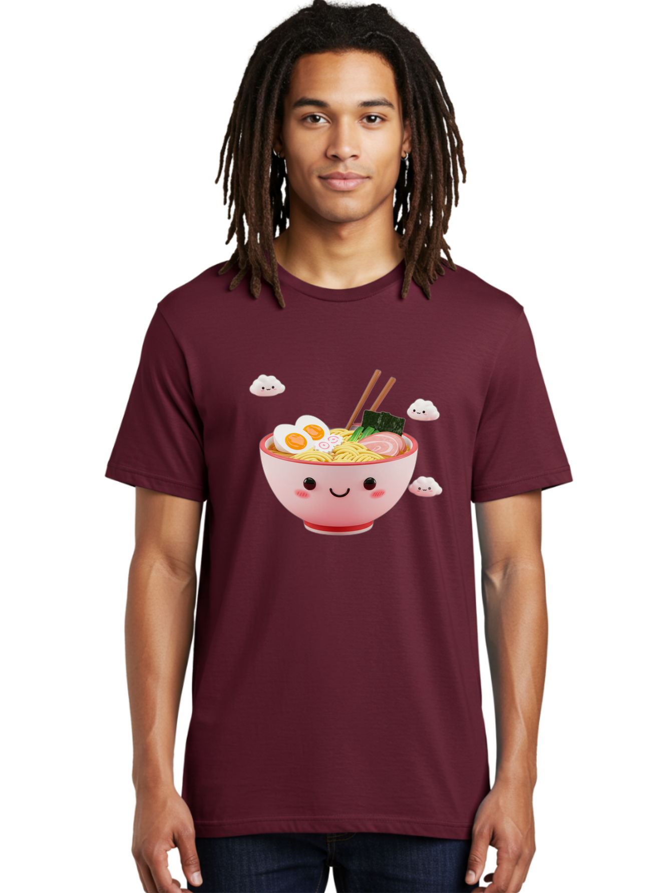 Ramen-Bowl-3 Men'S Graphic Tee, 100% Cotton, Comfortable Casual Summer Wear, Machine Washable, Steaming Hot Ramen, Kawaii Bowl, Cartoon Noodle Soup, Smiling Bowl, Boiled Egg, Sliced Pork, Seaweed, Chopsticks, Fish Cakes, Playful, Bae708 29