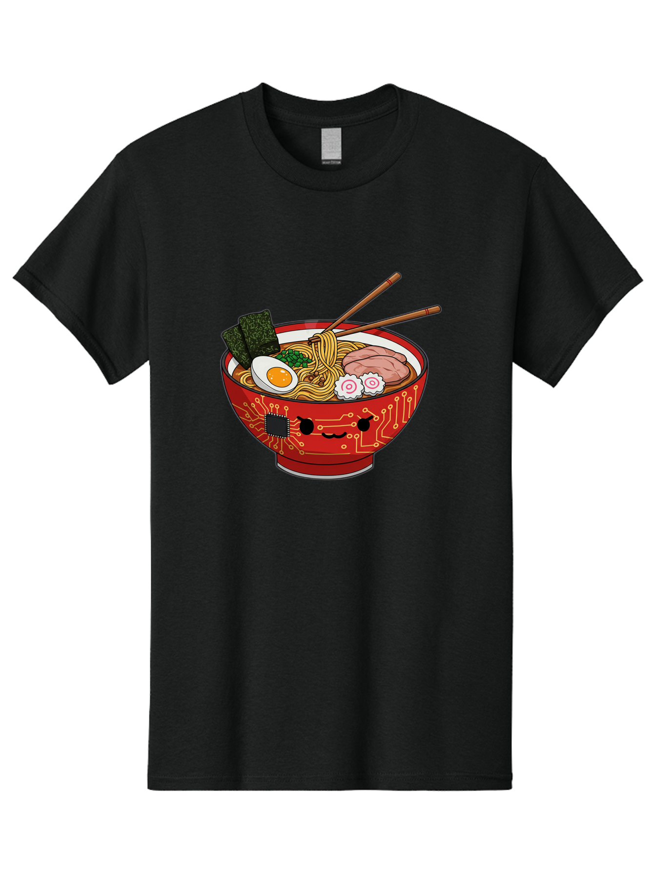 Ramen-With-Circuitry Men'S Graphic Tee, 100% Cotton, Comfortable Casual Summer Wear, Machine Washable, Ramen Bowl, Robot Face, Circuit Board Design, Chopsticks, Boiled Egg, Seaweed, Pork Slices, Narutomaki, Japanese Cuisine, Tech Meets Food, Bae727 3