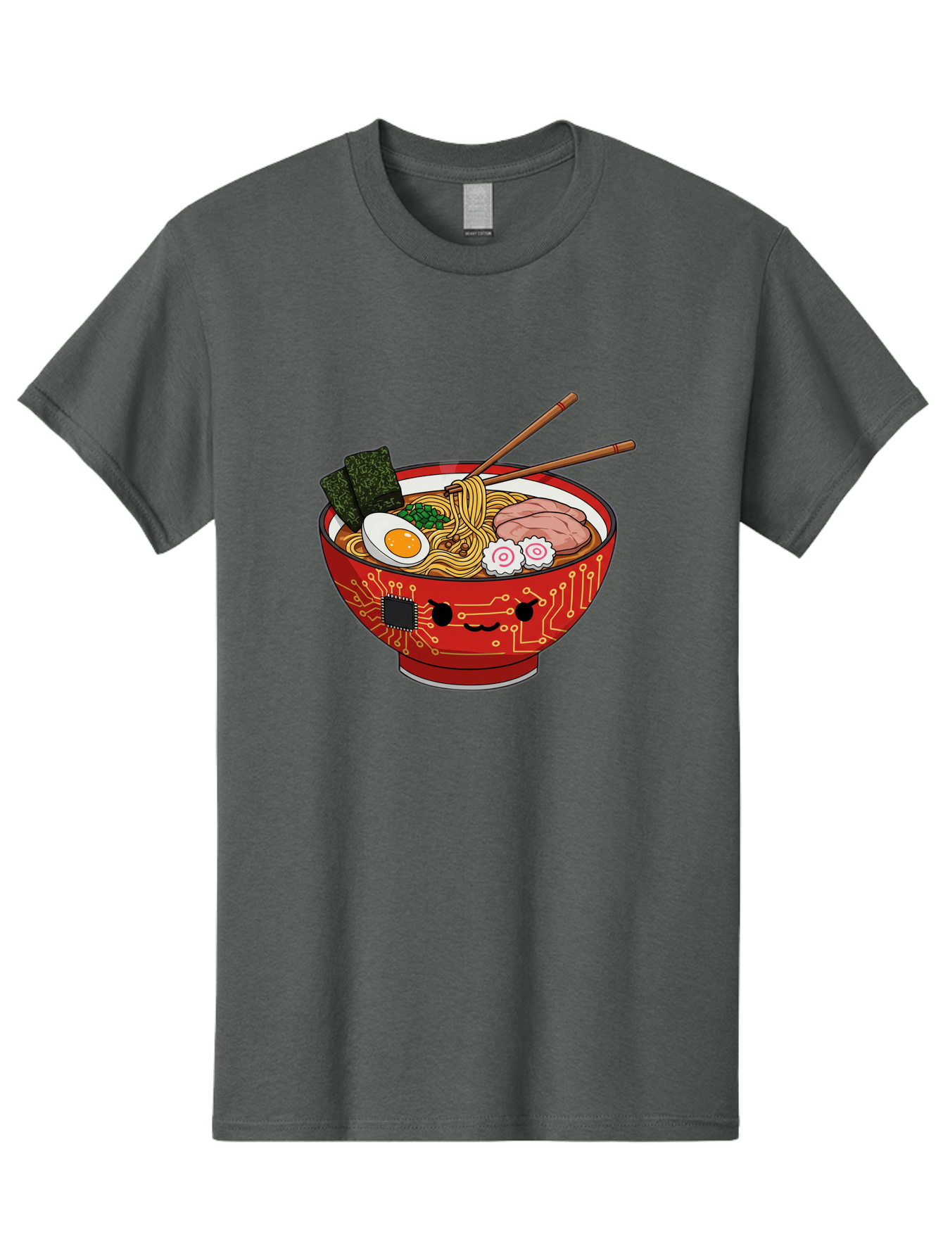 Ramen-With-Circuitry Men'S Graphic Tee, 100% Cotton, Comfortable Casual Summer Wear, Machine Washable, Ramen Bowl, Robot Face, Circuit Board Design, Chopsticks, Boiled Egg, Seaweed, Pork Slices, Narutomaki, Japanese Cuisine, Tech Meets Food, Bae727 13
