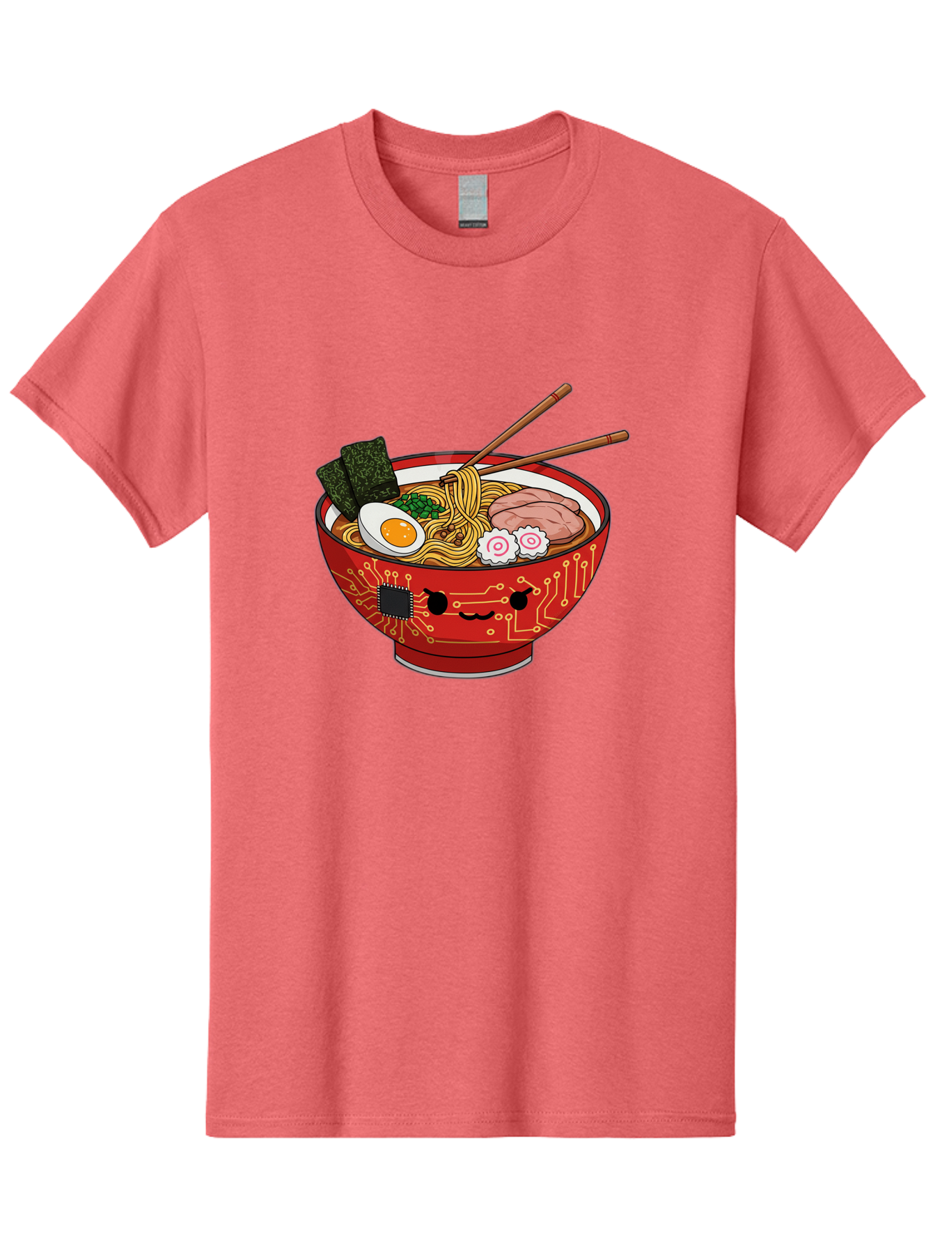 Ramen-With-Circuitry Men'S Graphic Tee, 100% Cotton, Comfortable Casual Summer Wear, Machine Washable, Ramen Bowl, Robot Face, Circuit Board Design, Chopsticks, Boiled Egg, Seaweed, Pork Slices, Narutomaki, Japanese Cuisine, Tech Meets Food, Bae727 8