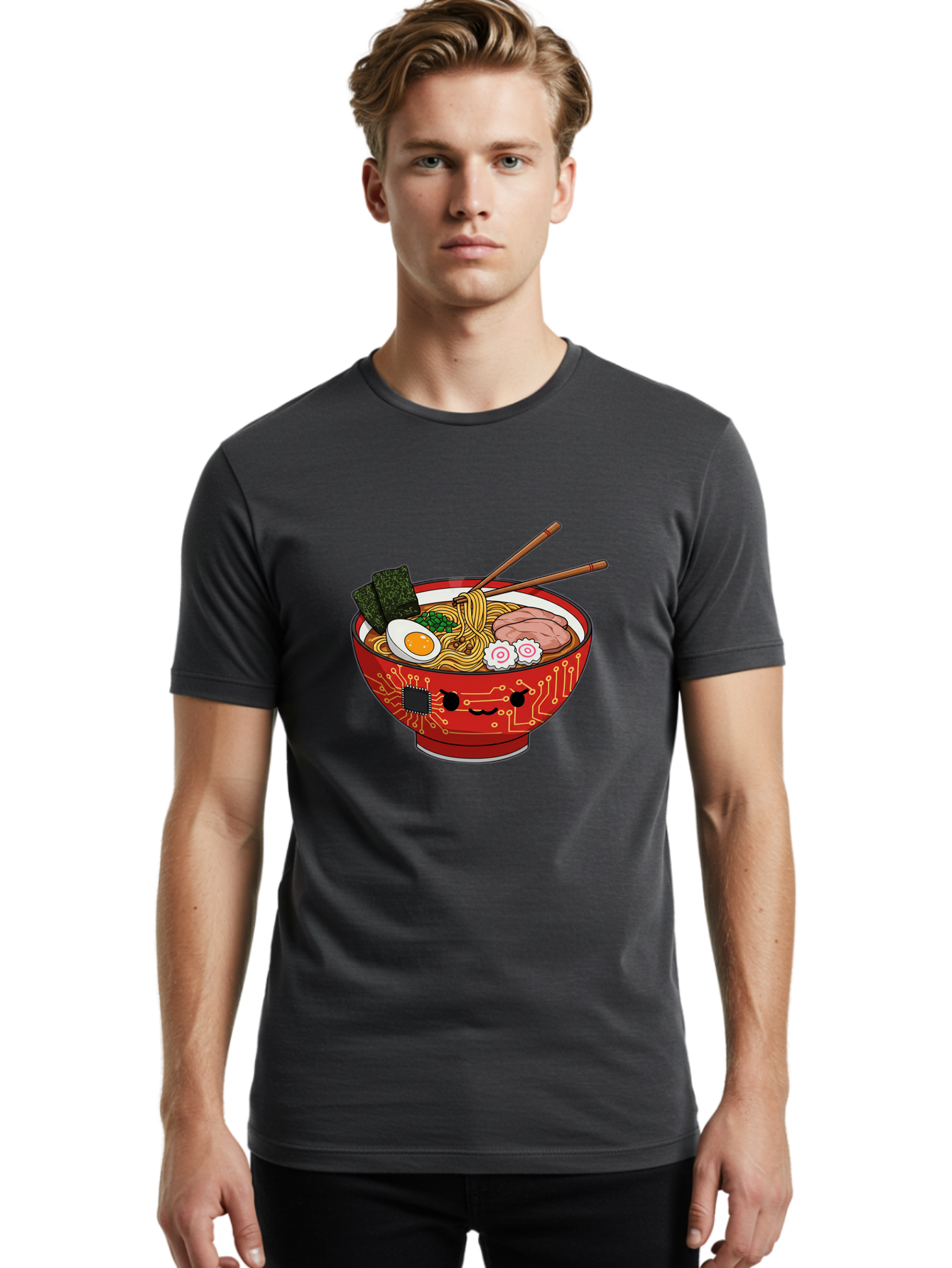 Ramen-With-Circuitry Men'S Graphic Tee, 100% Cotton, Comfortable Casual Summer Wear, Machine Washable, Ramen Bowl, Robot Face, Circuit Board Design, Chopsticks, Boiled Egg, Seaweed, Pork Slices, Narutomaki, Japanese Cuisine, Tech Meets Food, Bae727 29