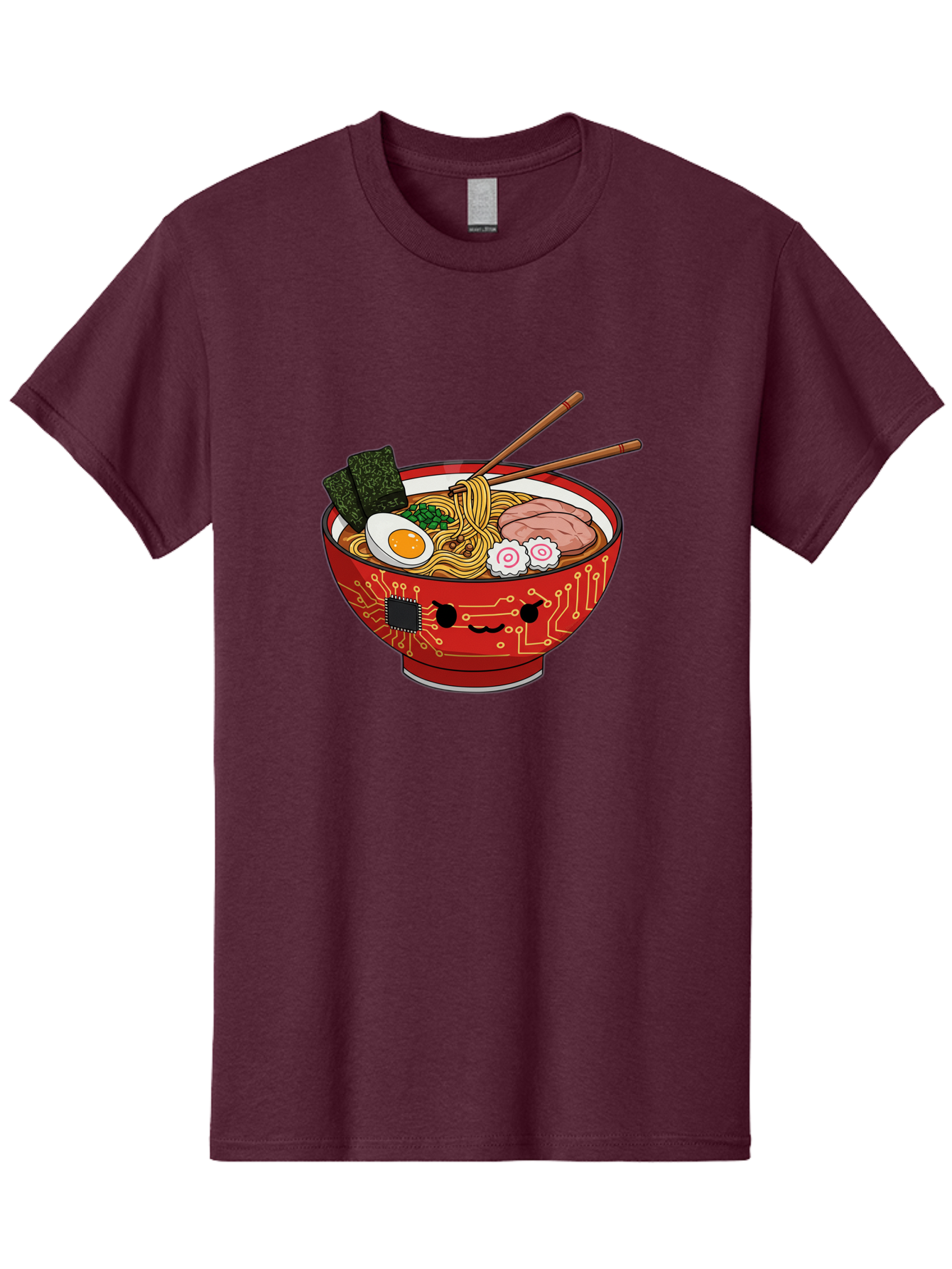 Ramen-With-Circuitry Men'S Graphic Tee, 100% Cotton, Comfortable Casual Summer Wear, Machine Washable, Ramen Bowl, Robot Face, Circuit Board Design, Chopsticks, Boiled Egg, Seaweed, Pork Slices, Narutomaki, Japanese Cuisine, Tech Meets Food, Bae727 12
