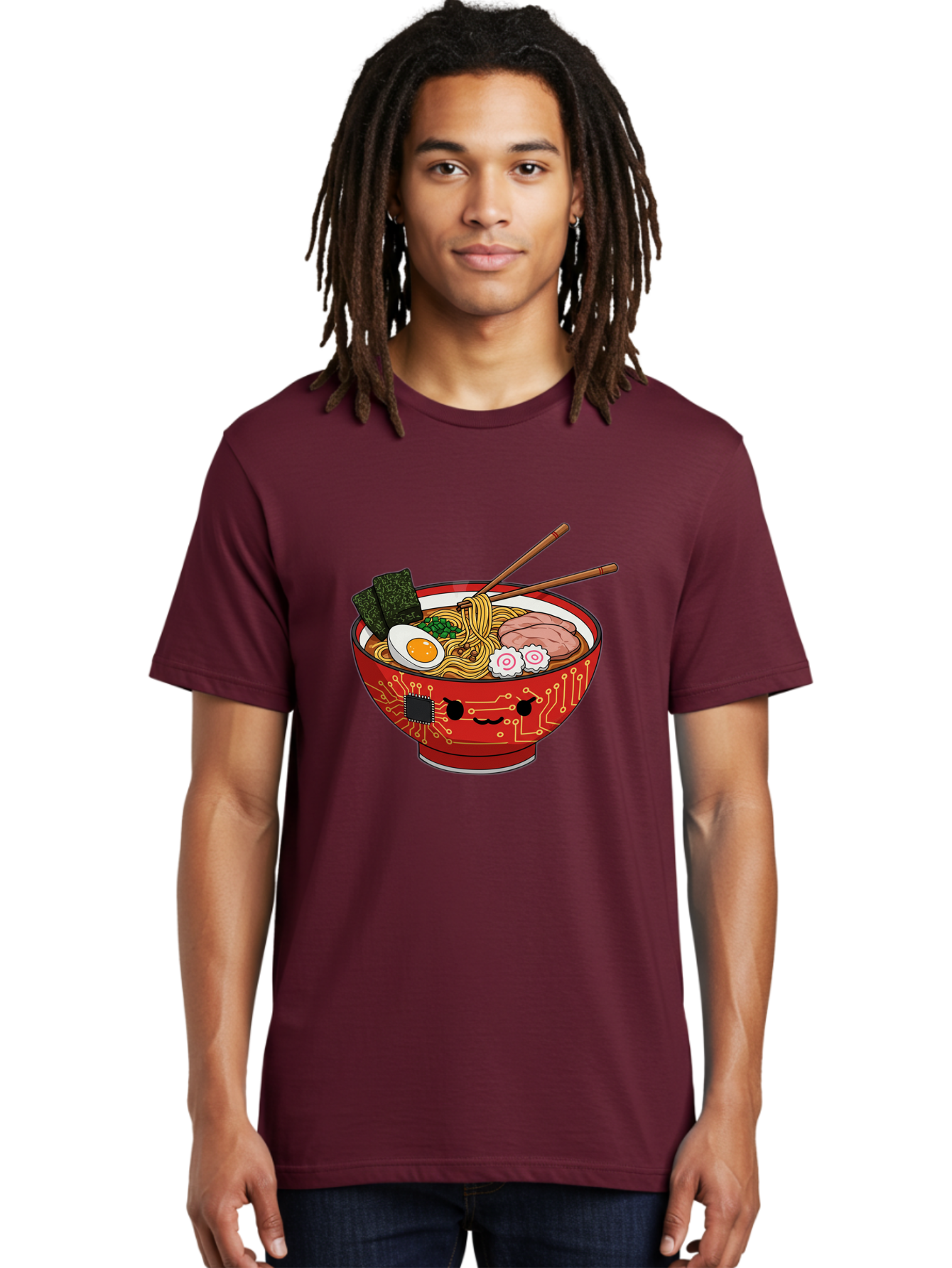 Ramen-With-Circuitry Men'S Graphic Tee, 100% Cotton, Comfortable Casual Summer Wear, Machine Washable, Ramen Bowl, Robot Face, Circuit Board Design, Chopsticks, Boiled Egg, Seaweed, Pork Slices, Narutomaki, Japanese Cuisine, Tech Meets Food, Bae727 27