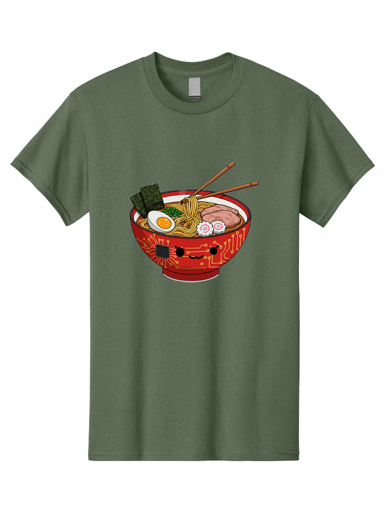 Ramen-With-Circuitry Men'S Graphic Tee, 100% Cotton, Comfortable Casual Summer Wear, Machine Washable, Ramen Bowl, Robot Face, Circuit Board Design, Chopsticks, Boiled Egg, Seaweed, Pork Slices, Narutomaki, Japanese Cuisine, Tech Meets Food, Bae727 6