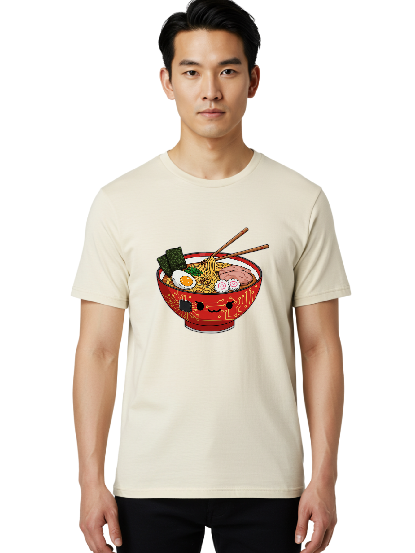 Ramen-With-Circuitry Men'S Graphic Tee, 100% Cotton, Comfortable Casual Summer Wear, Machine Washable, Ramen Bowl, Robot Face, Circuit Board Design, Chopsticks, Boiled Egg, Seaweed, Pork Slices, Narutomaki, Japanese Cuisine, Tech Meets Food, Bae727 26