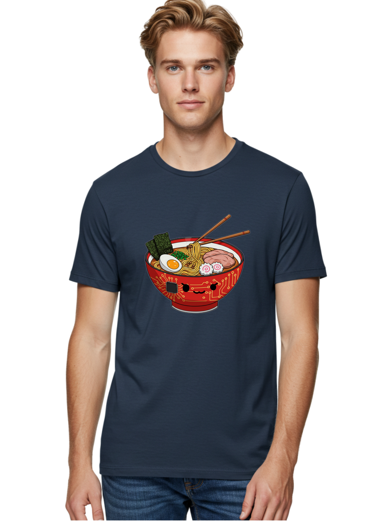 Ramen-With-Circuitry Men'S Graphic Tee, 100% Cotton, Comfortable Casual Summer Wear, Machine Washable, Ramen Bowl, Robot Face, Circuit Board Design, Chopsticks, Boiled Egg, Seaweed, Pork Slices, Narutomaki, Japanese Cuisine, Tech Meets Food, Bae727 24