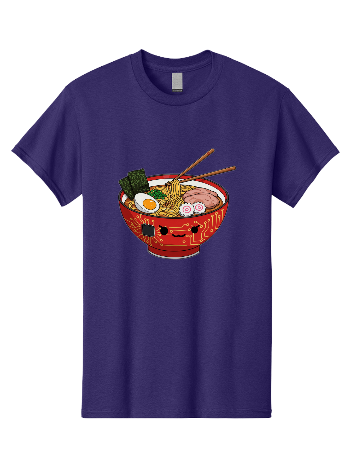 Ramen-With-Circuitry Men'S Graphic Tee, 100% Cotton, Comfortable Casual Summer Wear, Machine Washable, Ramen Bowl, Robot Face, Circuit Board Design, Chopsticks, Boiled Egg, Seaweed, Pork Slices, Narutomaki, Japanese Cuisine, Tech Meets Food, Bae727 4