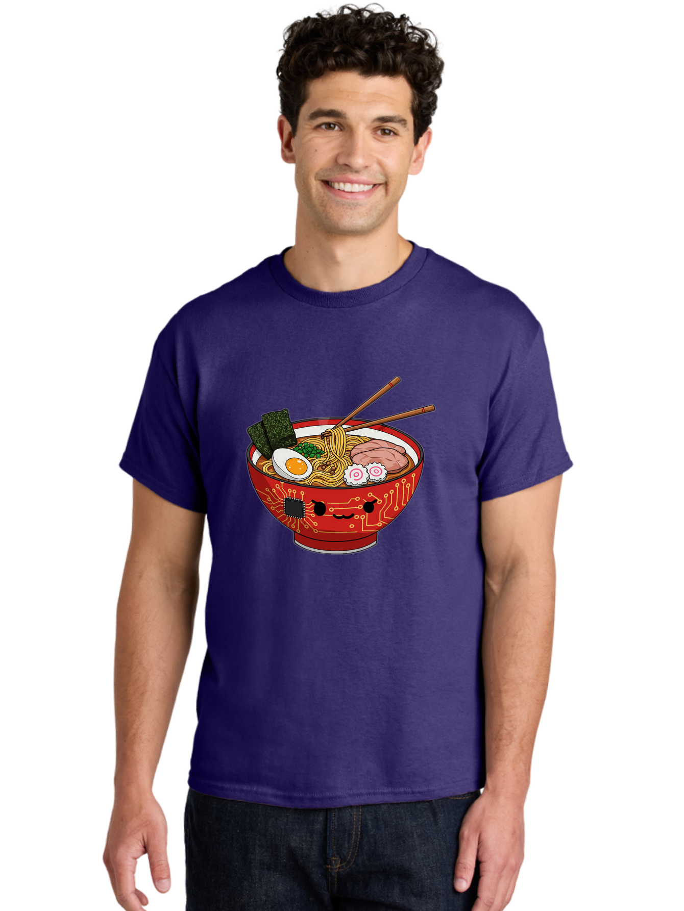 Ramen-With-Circuitry Men'S Graphic Tee, 100% Cotton, Comfortable Casual Summer Wear, Machine Washable, Ramen Bowl, Robot Face, Circuit Board Design, Chopsticks, Boiled Egg, Seaweed, Pork Slices, Narutomaki, Japanese Cuisine, Tech Meets Food, Bae727 19