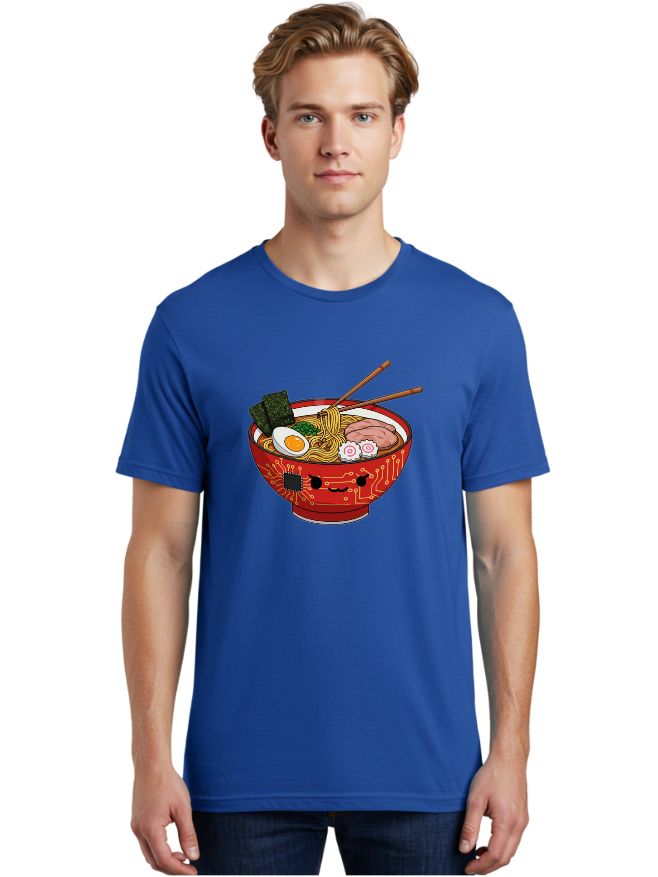 Ramen-With-Circuitry Men'S Graphic Tee, 100% Cotton, Comfortable Casual Summer Wear, Machine Washable, Ramen Bowl, Robot Face, Circuit Board Design, Chopsticks, Boiled Egg, Seaweed, Pork Slices, Narutomaki, Japanese Cuisine, Tech Meets Food, Bae727 30