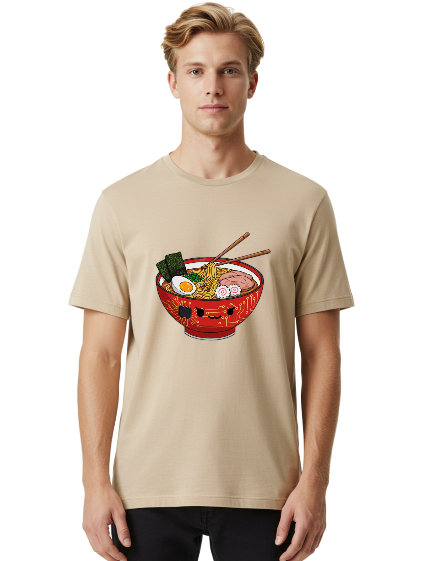 Ramen-With-Circuitry Men'S Graphic Tee, 100% Cotton, Comfortable Casual Summer Wear, Machine Washable, Ramen Bowl, Robot Face, Circuit Board Design, Chopsticks, Boiled Egg, Seaweed, Pork Slices, Narutomaki, Japanese Cuisine, Tech Meets Food, Bae727 22