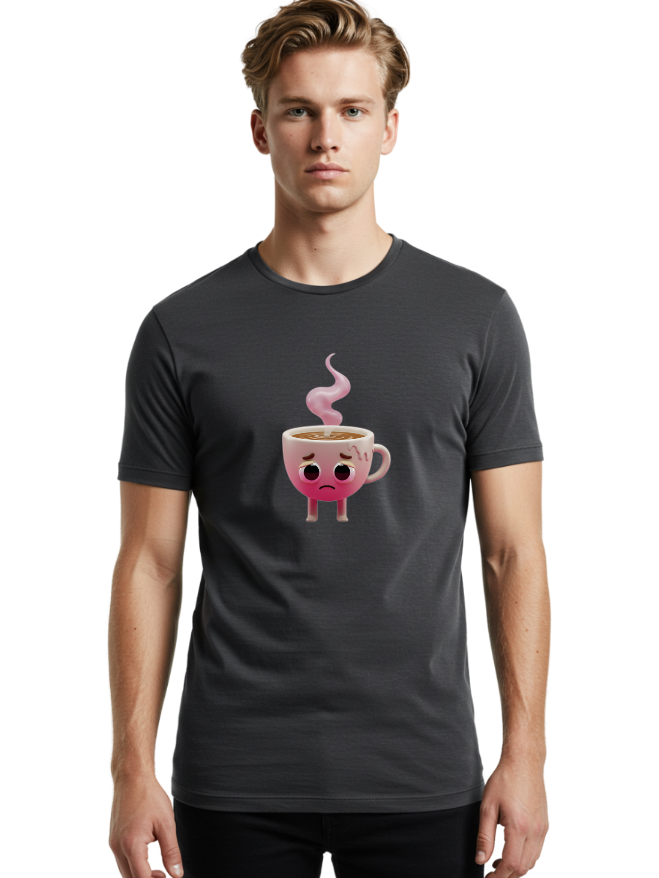 Sad-Coffee-Cup-1 Men'S Graphic Tee, 100% Cotton, Comfortable Casual Summer Wear, Machine Washable, Cartoon Coffee Cup With Face, Coffee In The Cup, Steaming Hot Beverage, Sad Face Expression, Pink Gradient Color, Quirky Character Design, Bae730 18