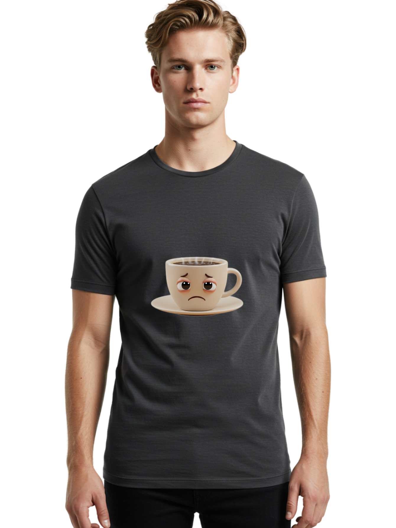 Sad-Coffee-Cup-3 Men'S Graphic Tee, 100% Cotton, Comfortable Casual Summer Wear, Machine Washable, Sad Coffee Cup, Frowning Face, Coffee Break, Unhappy Mood, Cartoon Character, Cute Design, Coffee Lover, Emotional Expression, Bae732 20