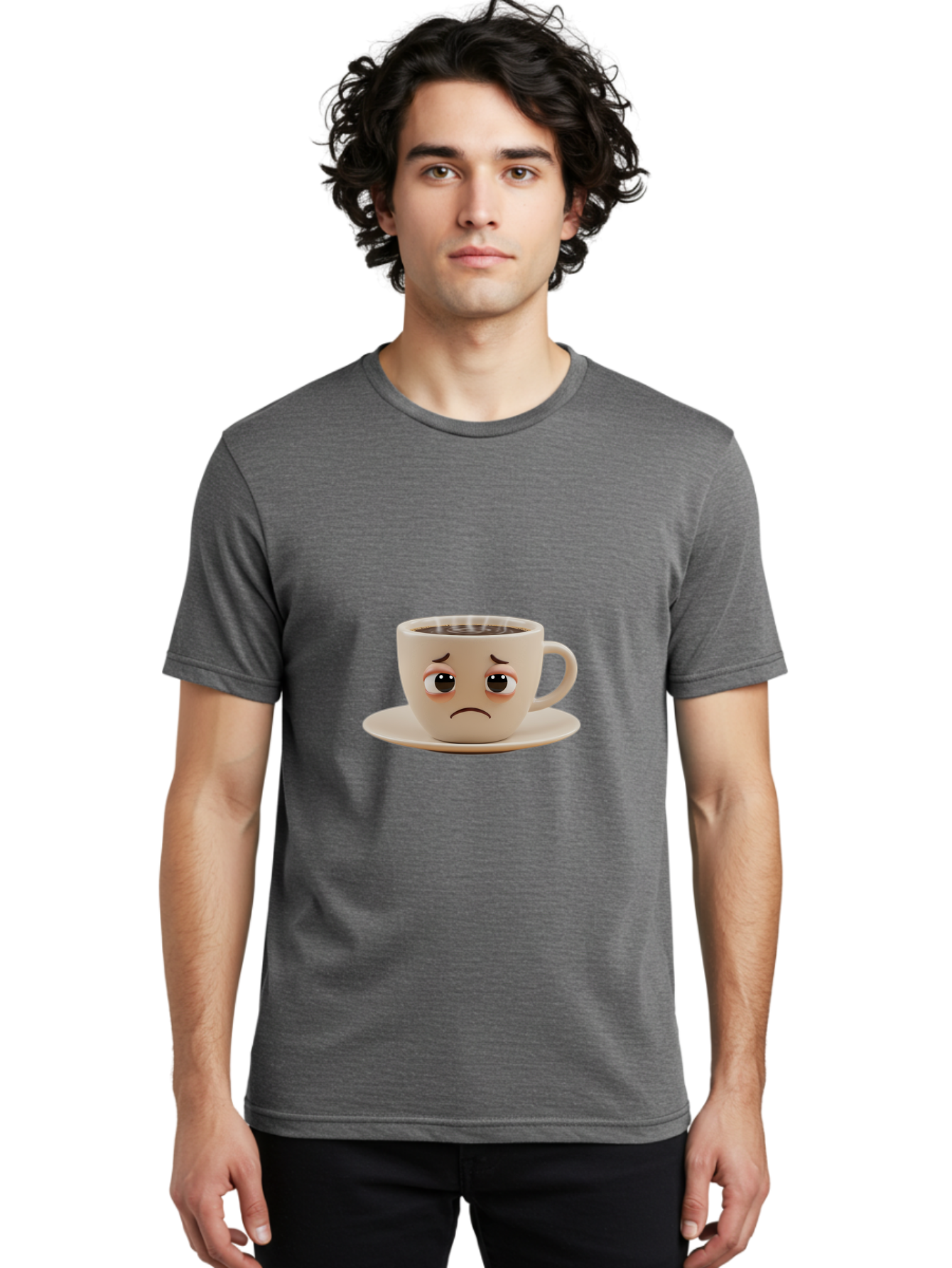 Sad-Coffee-Cup-3 Men'S Graphic Tee, 100% Cotton, Comfortable Casual Summer Wear, Machine Washable, Sad Coffee Cup, Frowning Face, Coffee Break, Unhappy Mood, Cartoon Character, Cute Design, Coffee Lover, Emotional Expression, Bae732 22