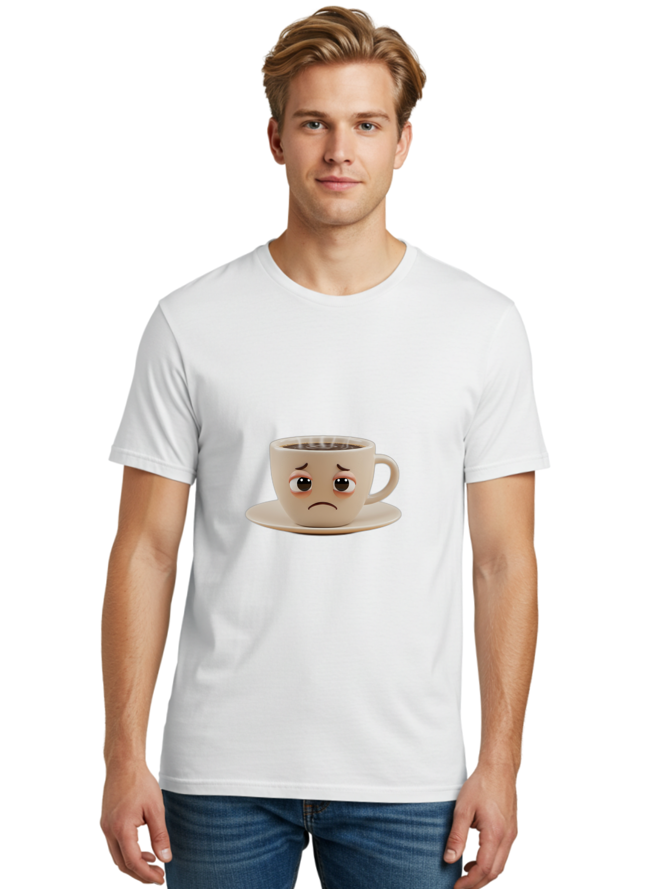 Sad-Coffee-Cup-3 Men'S Graphic Tee, 100% Cotton, Comfortable Casual Summer Wear, Machine Washable, Sad Coffee Cup, Frowning Face, Coffee Break, Unhappy Mood, Cartoon Character, Cute Design, Coffee Lover, Emotional Expression, Bae732 26