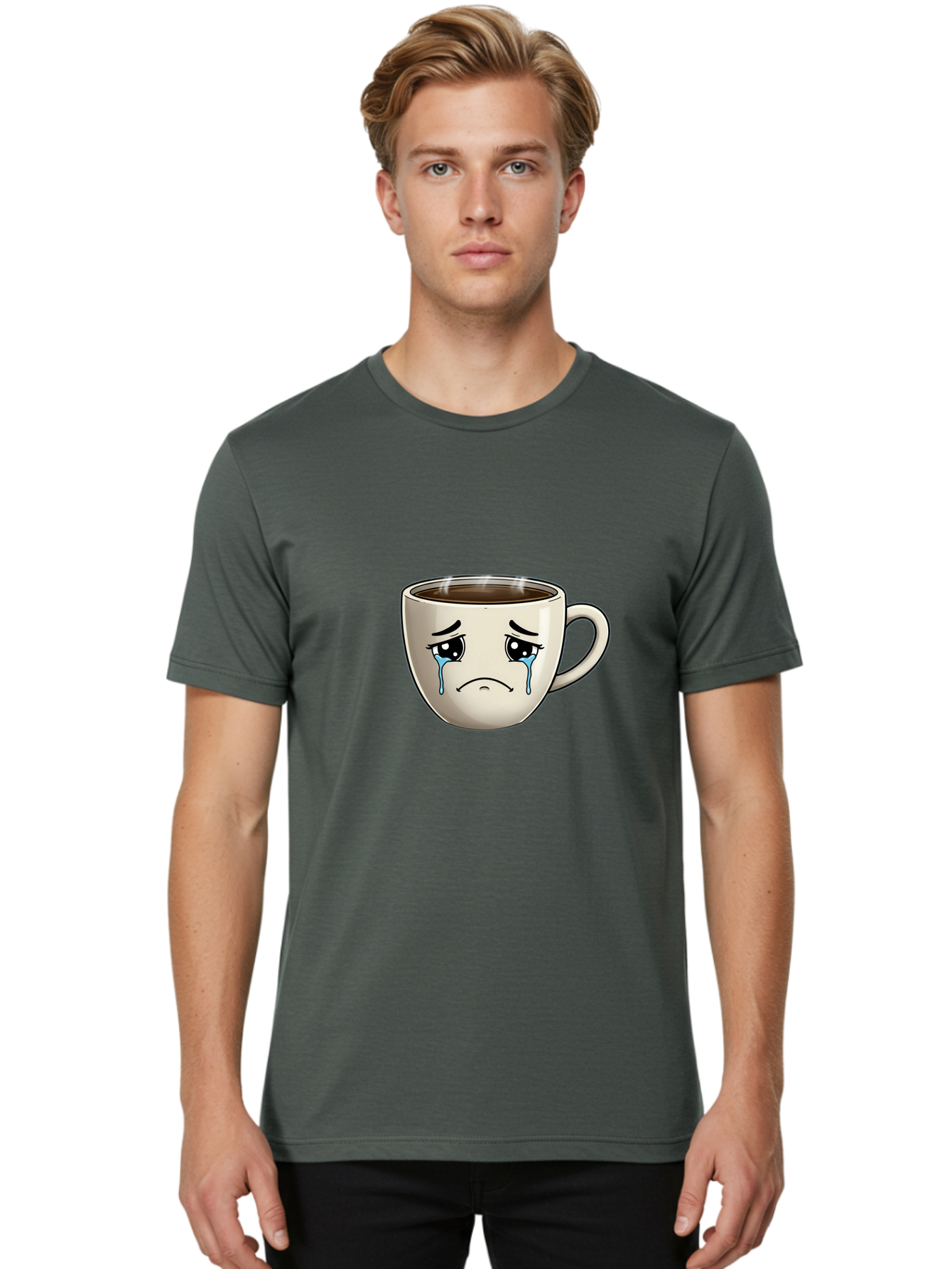 Sad-Coffee-Cup Men'S Graphic Tee, 100% Cotton, Comfortable Casual Summer Wear, Machine Washable, Sad Coffee Cup, Crying Face, Dark Coffee, Steaming Hot, Emotional Expression, Coffee Culture, Sad Face Cartoon, Morning Coffee, Coffee Break Bae733 26