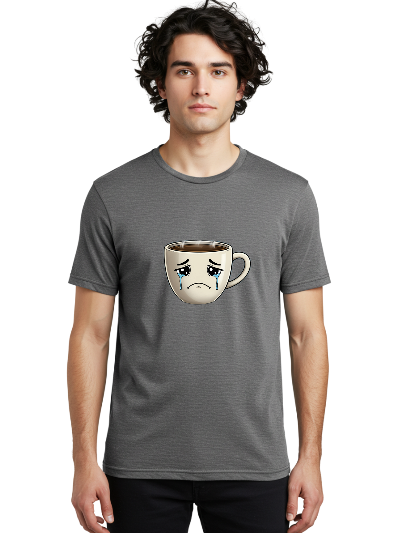 Sad-Coffee-Cup Men'S Graphic Tee, 100% Cotton, Comfortable Casual Summer Wear, Machine Washable, Sad Coffee Cup, Crying Face, Dark Coffee, Steaming Hot, Emotional Expression, Coffee Culture, Sad Face Cartoon, Morning Coffee, Coffee Break Bae733 29