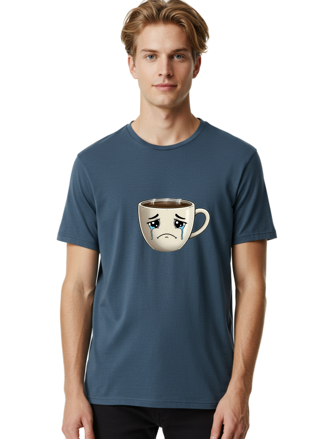 Sad-Coffee-Cup Men'S Graphic Tee, 100% Cotton, Comfortable Casual Summer Wear, Machine Washable, Sad Coffee Cup, Crying Face, Dark Coffee, Steaming Hot, Emotional Expression, Coffee Culture, Sad Face Cartoon, Morning Coffee, Coffee Break Bae733 24