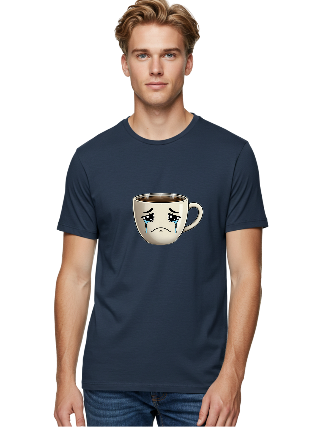 Sad-Coffee-Cup Men'S Graphic Tee, 100% Cotton, Comfortable Casual Summer Wear, Machine Washable, Sad Coffee Cup, Crying Face, Dark Coffee, Steaming Hot, Emotional Expression, Coffee Culture, Sad Face Cartoon, Morning Coffee, Coffee Break Bae733 20