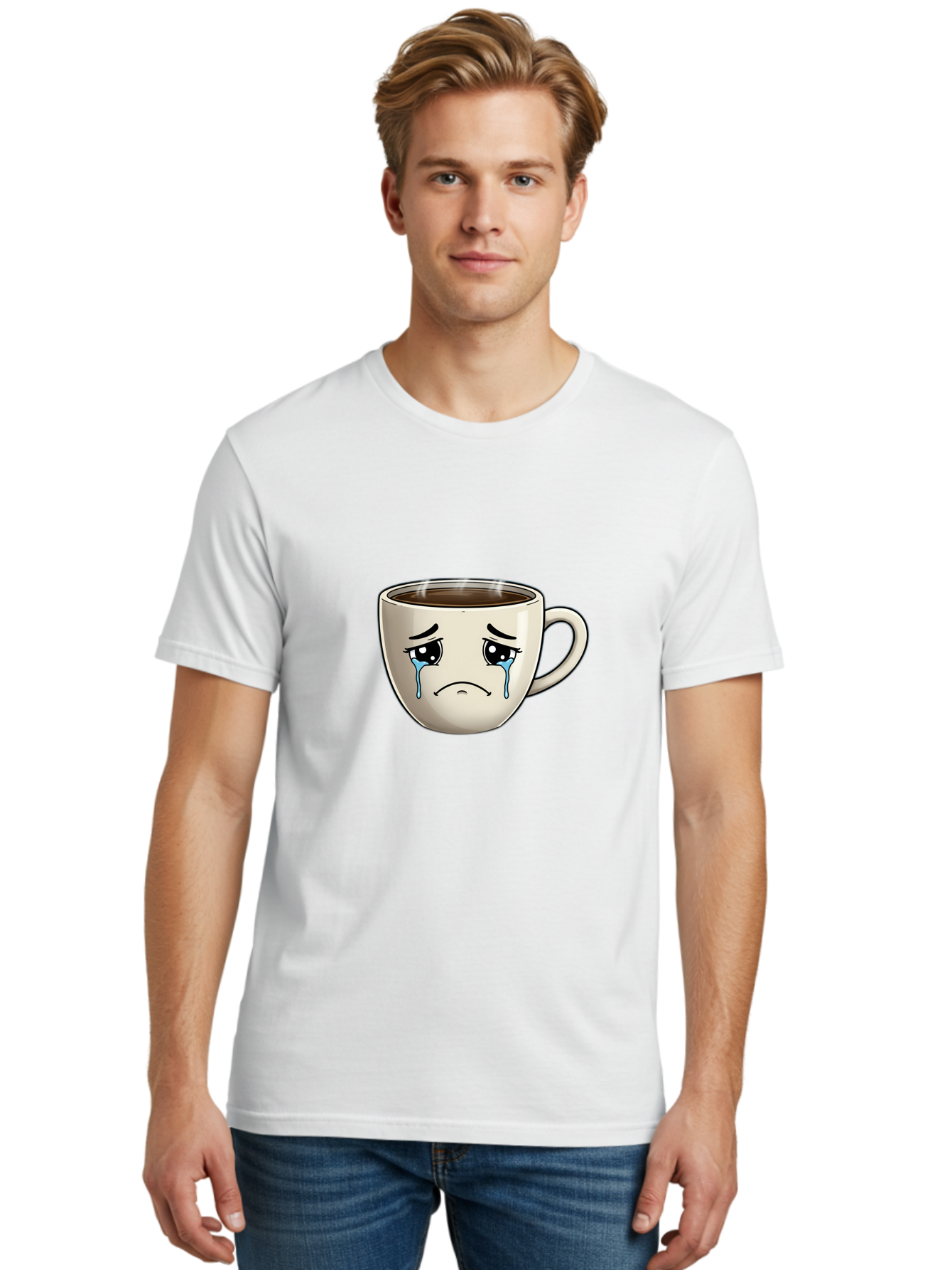 Sad-Coffee-Cup Men'S Graphic Tee, 100% Cotton, Comfortable Casual Summer Wear, Machine Washable, Sad Coffee Cup, Crying Face, Dark Coffee, Steaming Hot, Emotional Expression, Coffee Culture, Sad Face Cartoon, Morning Coffee, Coffee Break Bae733 19