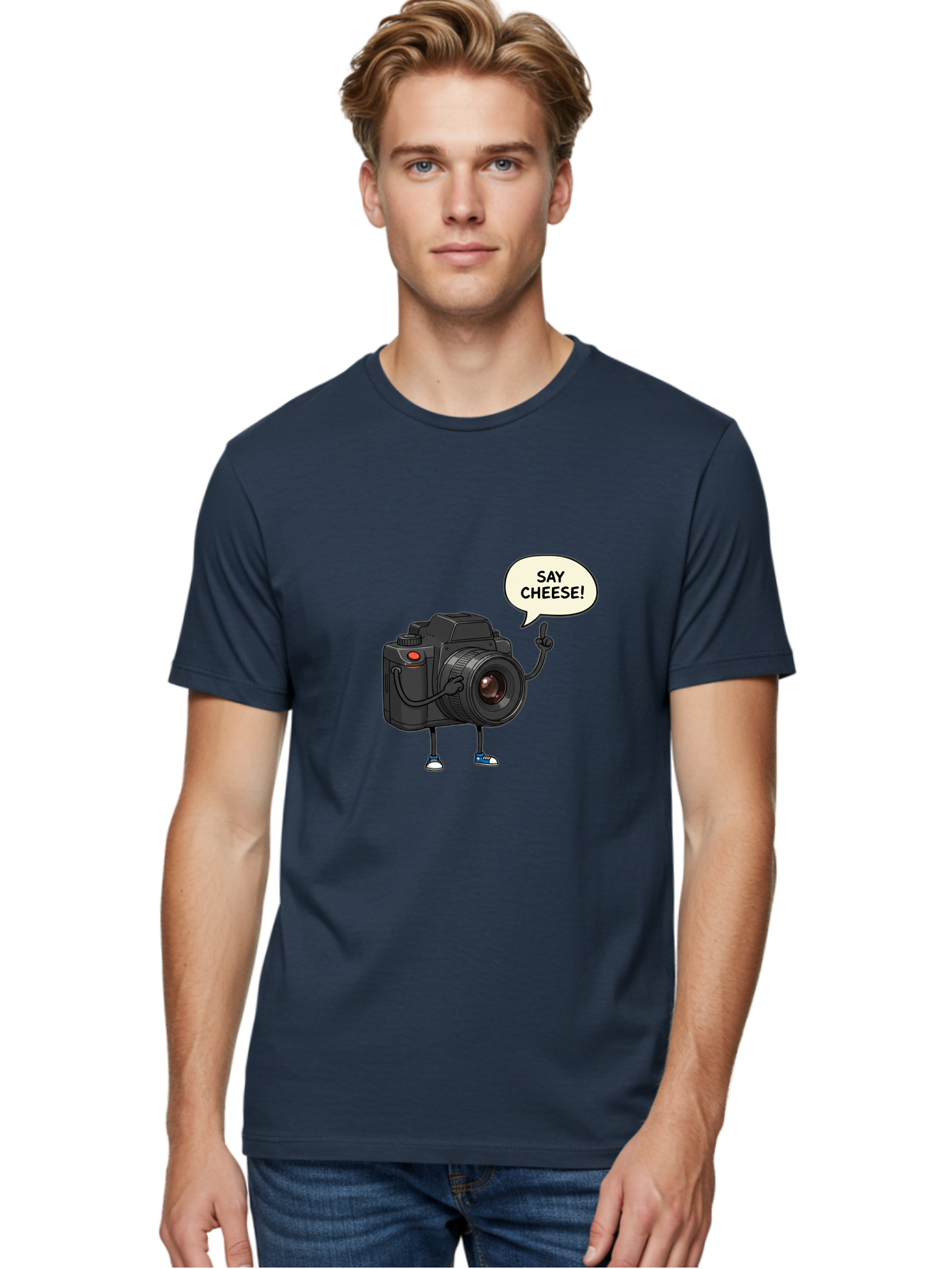 Say-Cheese Men'S Graphic Tee, 100% Cotton, Comfortable Casual Summer Wear, Machine Washable, Cartoon Camera, Funny Character, Photography Humor, Say Cheese!, Camera Character, Comedic Photography, Digital Illustration, Bae734 30