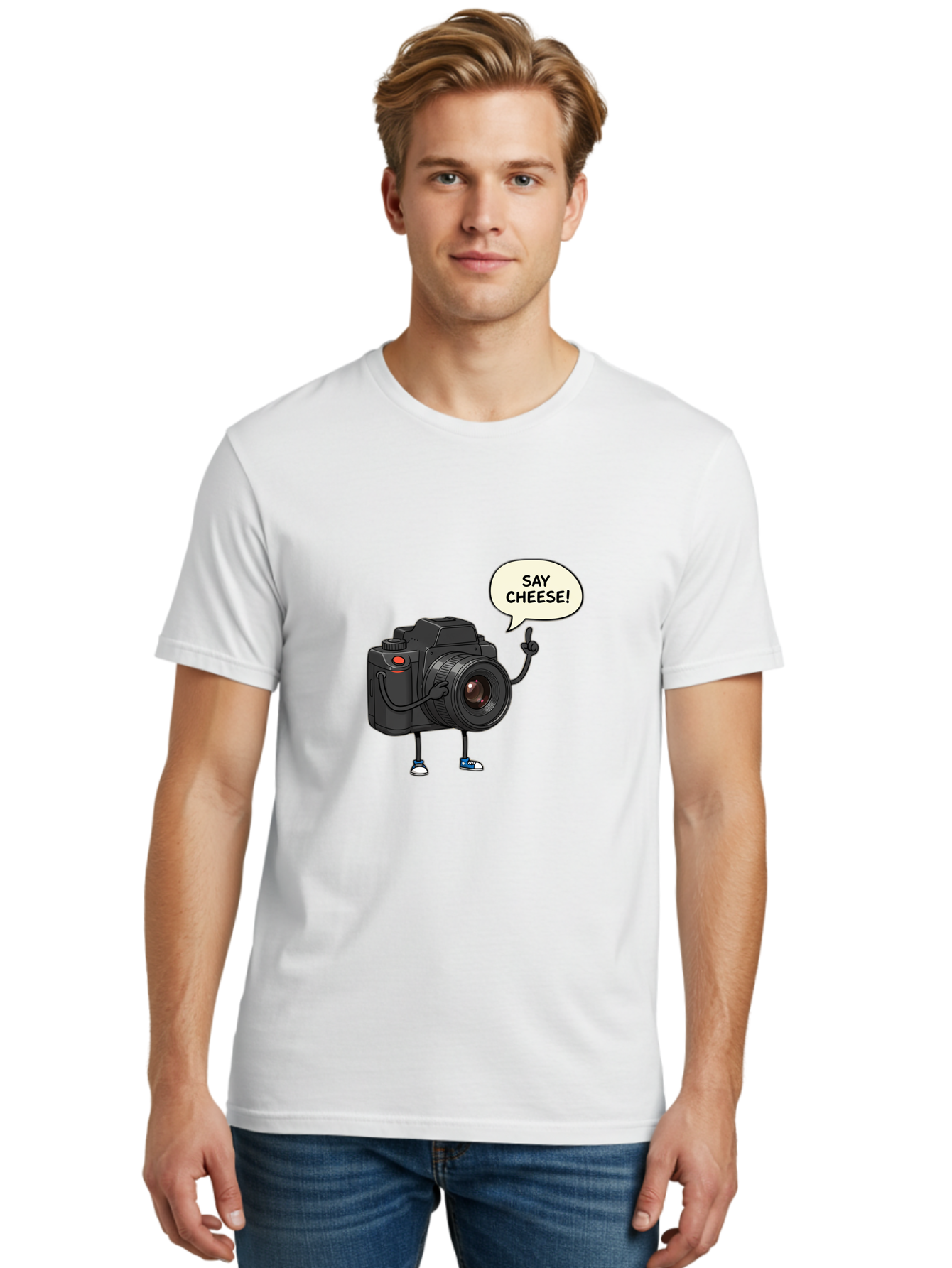 Say-Cheese Men'S Graphic Tee, 100% Cotton, Comfortable Casual Summer Wear, Machine Washable, Cartoon Camera, Funny Character, Photography Humor, Say Cheese!, Camera Character, Comedic Photography, Digital Illustration, Bae734 19
