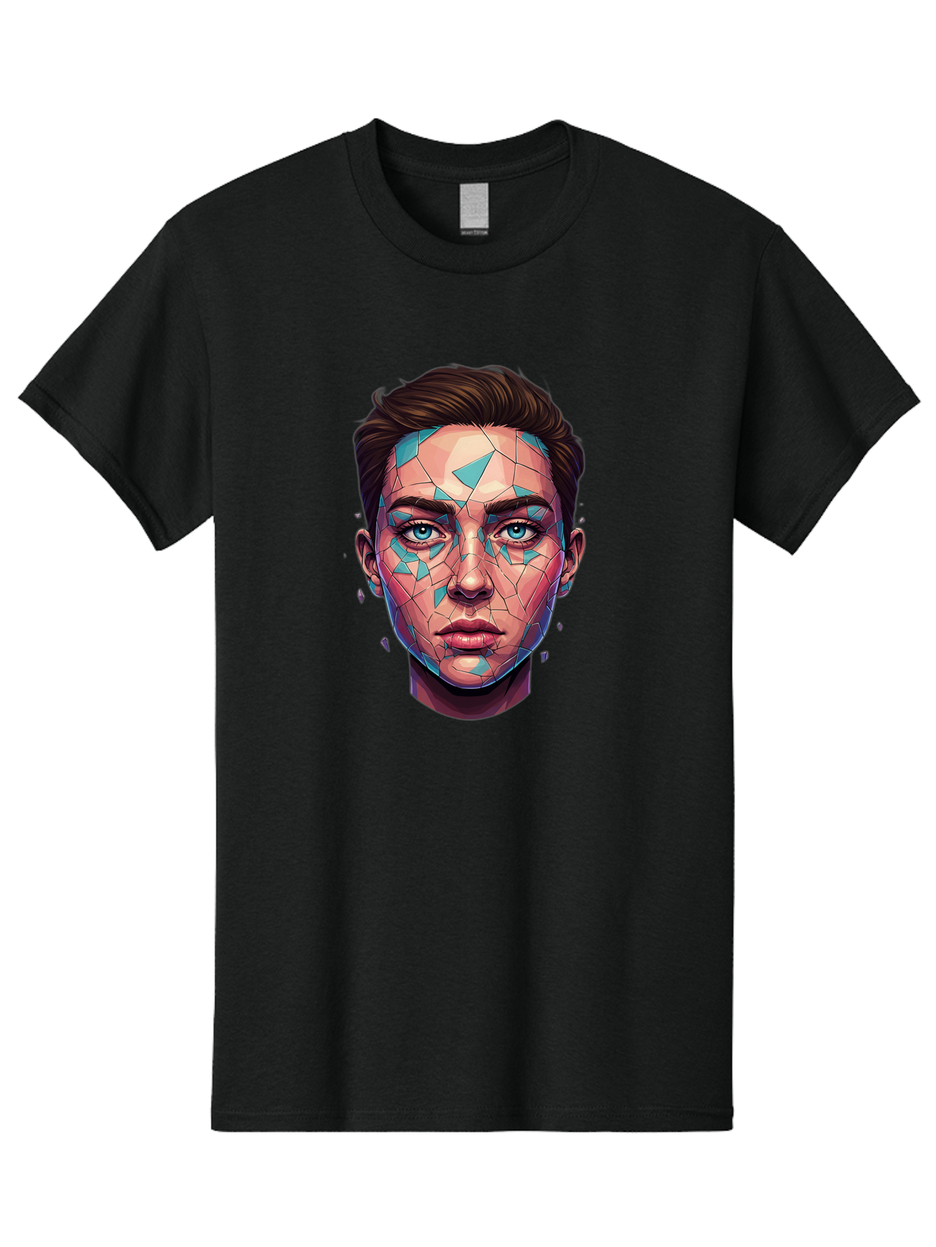 Shards-Portrait Men'S Graphic Tee, 100% Cotton, Comfortable Casual Summer Wear, Machine Washable, Shattered Face, Broken Glass, Blue Shards, Fragmented Identity, Abstract Art, Surrealism, Vibrant Colors, Emotional Distress, Mental Health Bae735 14