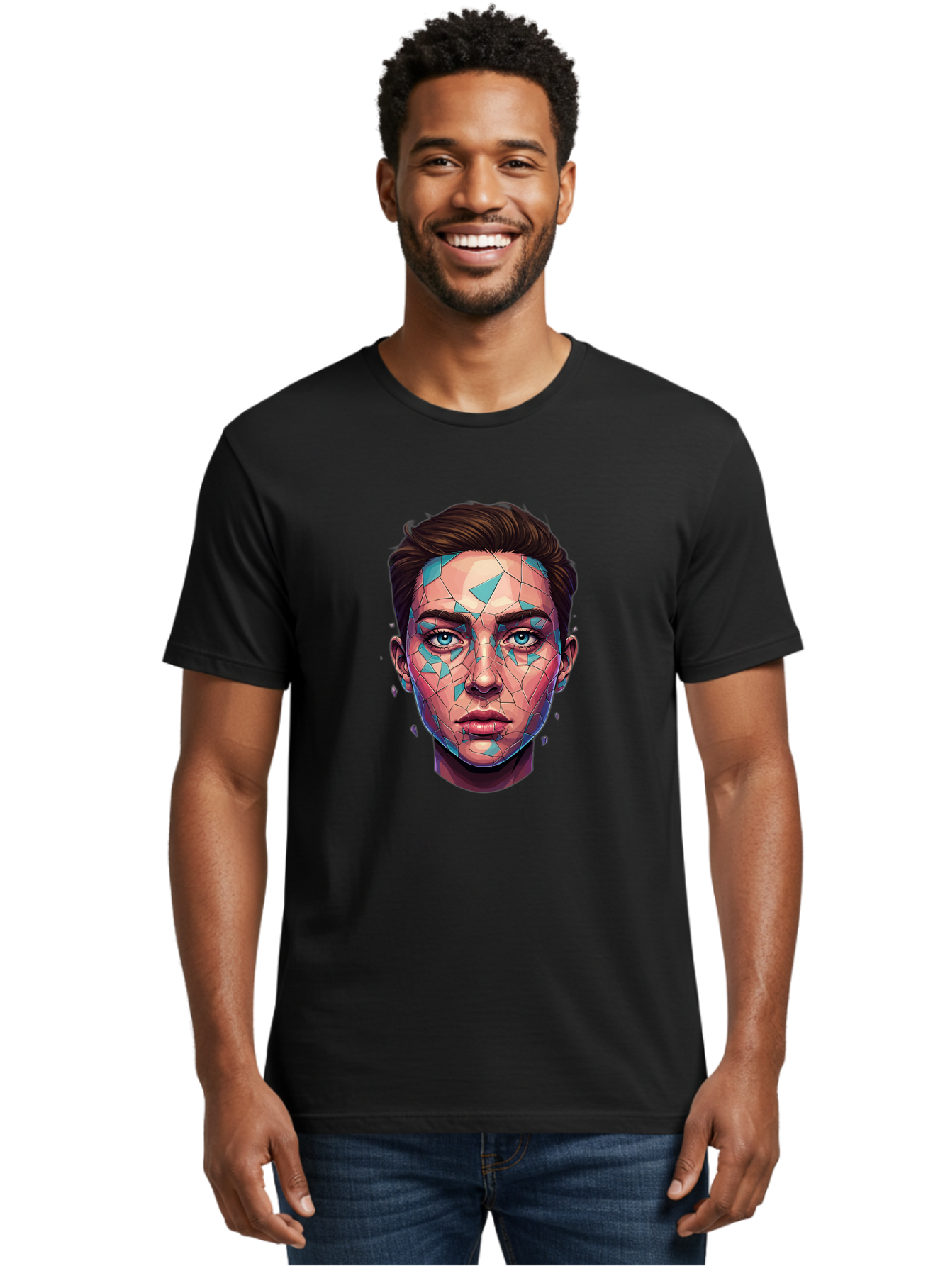 Shards-Portrait Men'S Graphic Tee, 100% Cotton, Comfortable Casual Summer Wear, Machine Washable, Shattered Face, Broken Glass, Blue Shards, Fragmented Identity, Abstract Art, Surrealism, Vibrant Colors, Emotional Distress, Mental Health Bae735 29