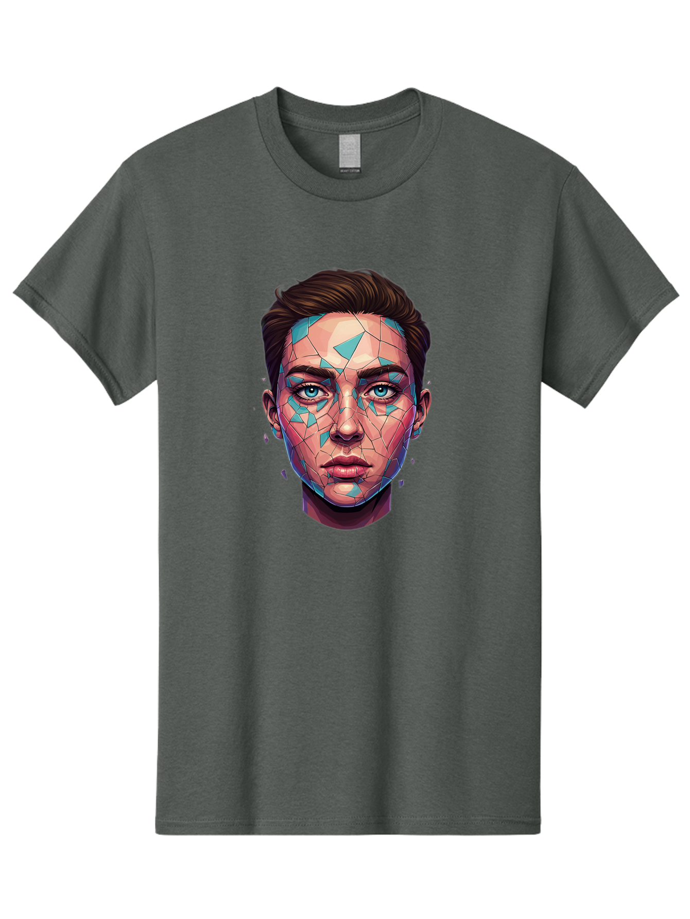 Shards-Portrait Men'S Graphic Tee, 100% Cotton, Comfortable Casual Summer Wear, Machine Washable, Shattered Face, Broken Glass, Blue Shards, Fragmented Identity, Abstract Art, Surrealism, Vibrant Colors, Emotional Distress, Mental Health Bae735 4