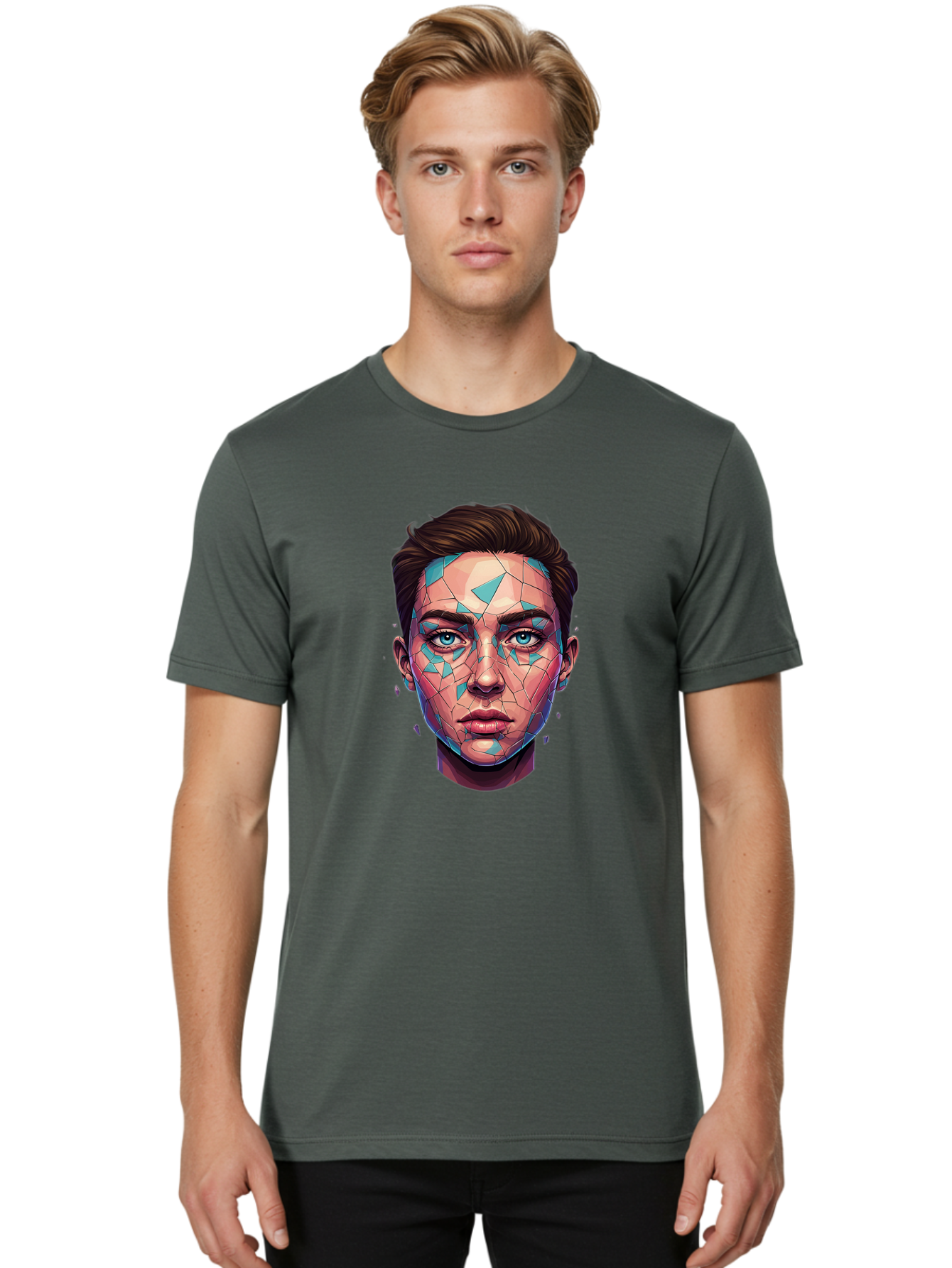Shards-Portrait Men'S Graphic Tee, 100% Cotton, Comfortable Casual Summer Wear, Machine Washable, Shattered Face, Broken Glass, Blue Shards, Fragmented Identity, Abstract Art, Surrealism, Vibrant Colors, Emotional Distress, Mental Health Bae735 19