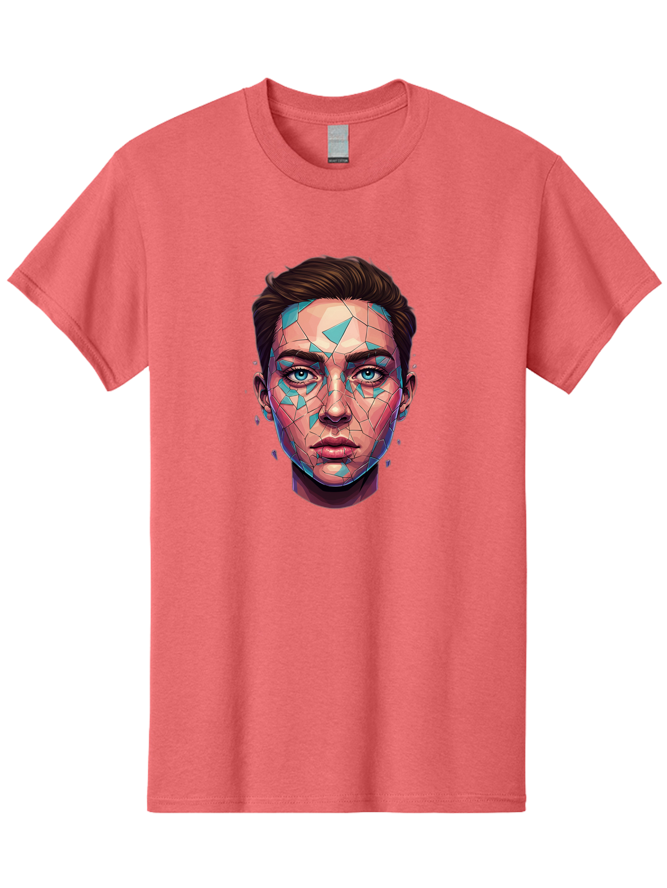 Shards-Portrait Men'S Graphic Tee, 100% Cotton, Comfortable Casual Summer Wear, Machine Washable, Shattered Face, Broken Glass, Blue Shards, Fragmented Identity, Abstract Art, Surrealism, Vibrant Colors, Emotional Distress, Mental Health Bae735 7