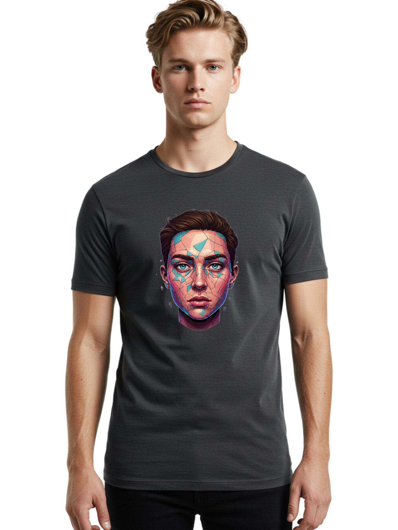 Shards-Portrait Men'S Graphic Tee, 100% Cotton, Comfortable Casual Summer Wear, Machine Washable, Shattered Face, Broken Glass, Blue Shards, Fragmented Identity, Abstract Art, Surrealism, Vibrant Colors, Emotional Distress, Mental Health Bae735 28