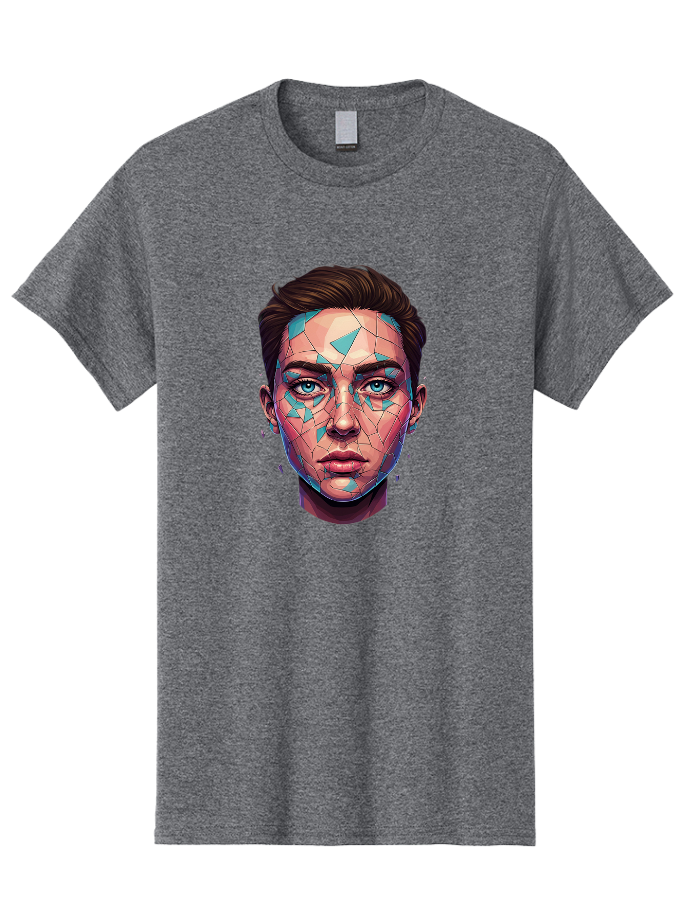 Shards-Portrait Men'S Graphic Tee, 100% Cotton, Comfortable Casual Summer Wear, Machine Washable, Shattered Face, Broken Glass, Blue Shards, Fragmented Identity, Abstract Art, Surrealism, Vibrant Colors, Emotional Distress, Mental Health Bae735 5
