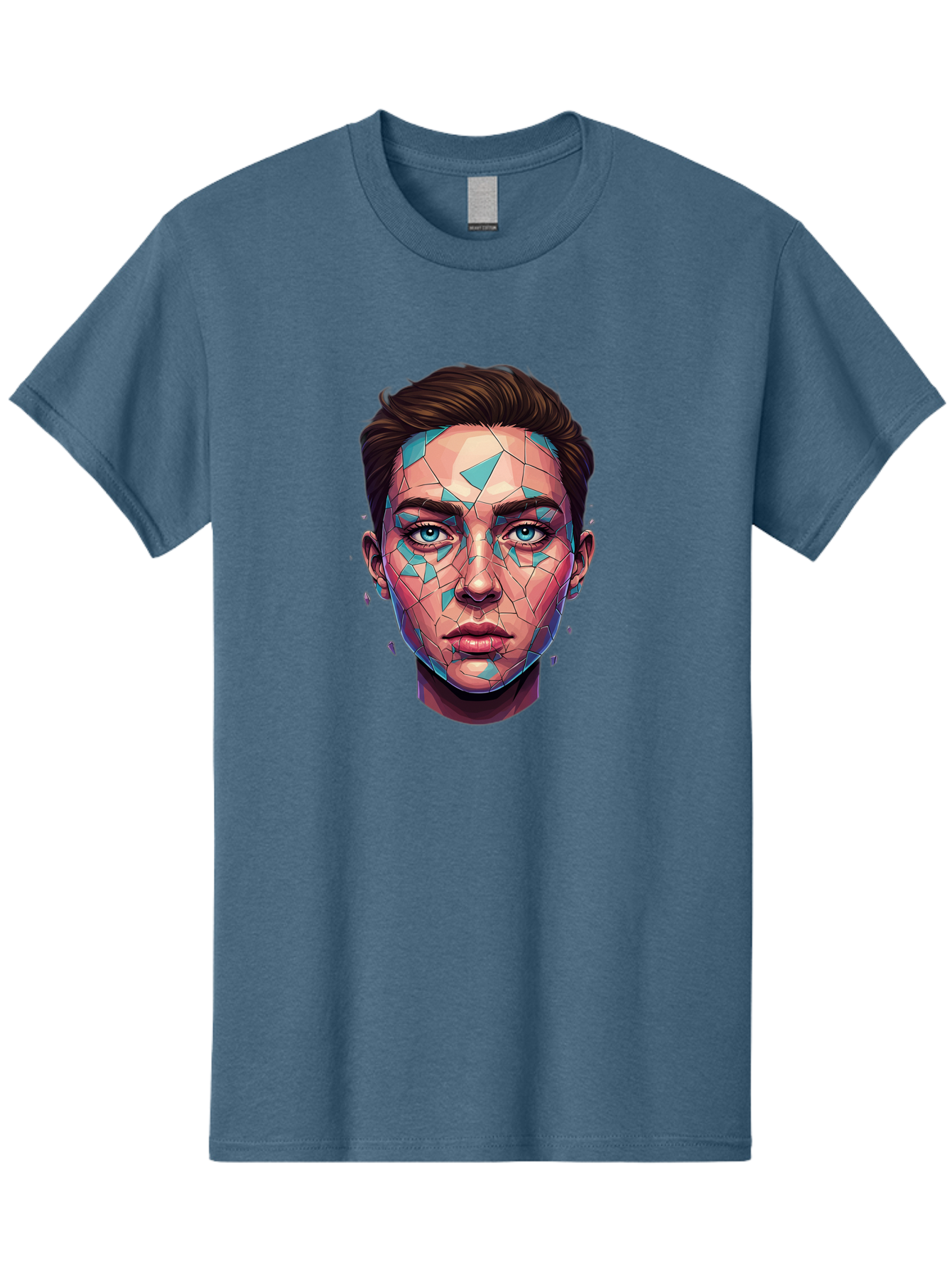 Shards-Portrait Men'S Graphic Tee, 100% Cotton, Comfortable Casual Summer Wear, Machine Washable, Shattered Face, Broken Glass, Blue Shards, Fragmented Identity, Abstract Art, Surrealism, Vibrant Colors, Emotional Distress, Mental Health Bae735 3